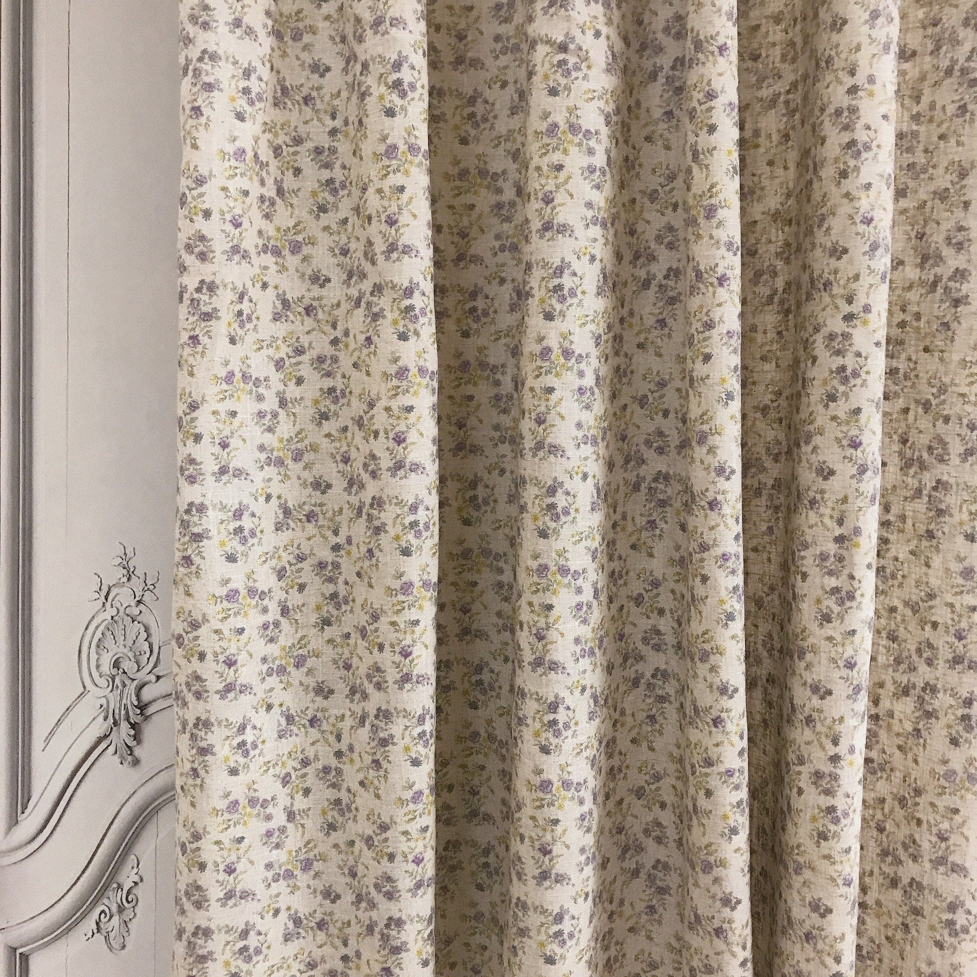 Purple and Lemon Floral Curtain on Natural Beige