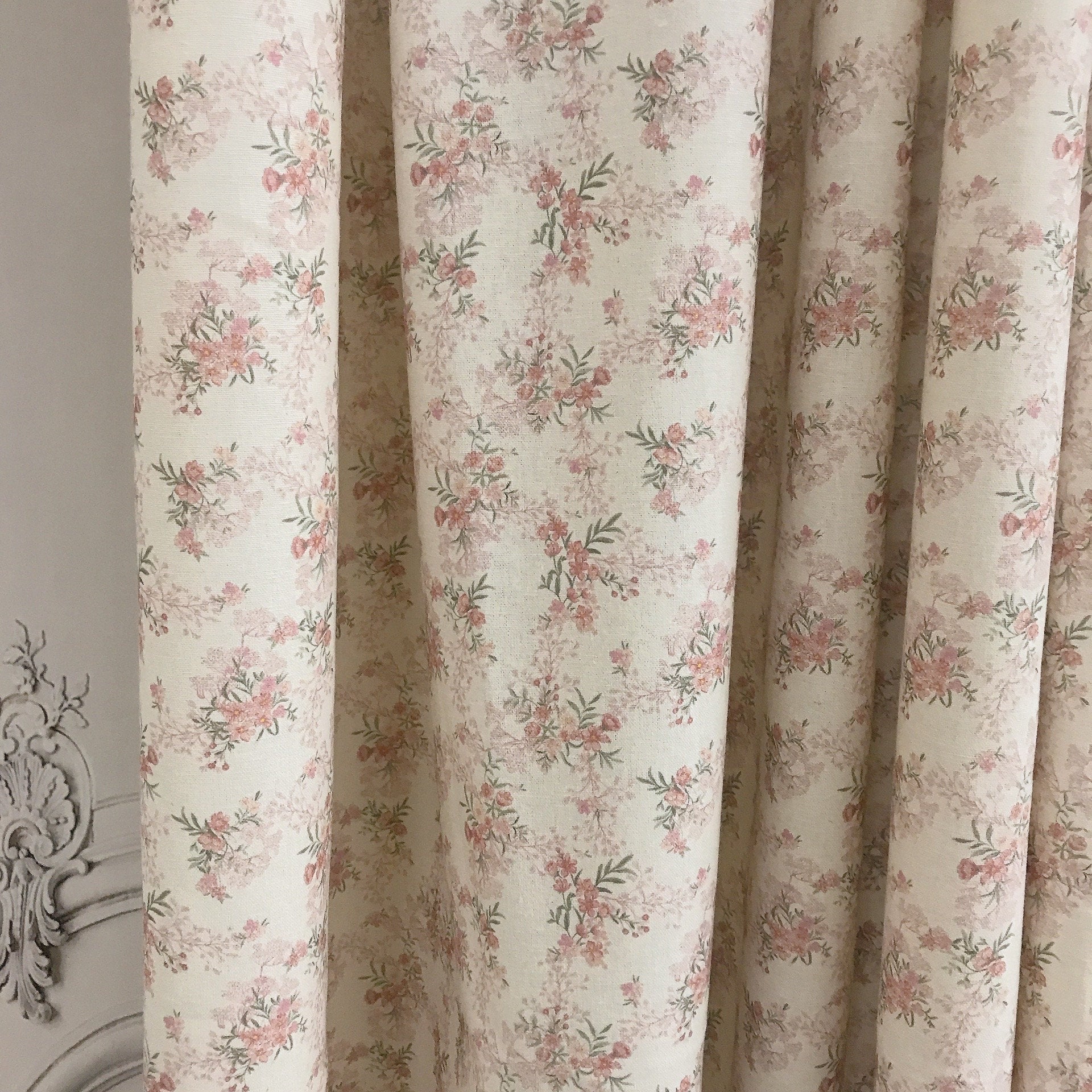 Rosy Pink Tiny Floral Curtain on Natural Beige