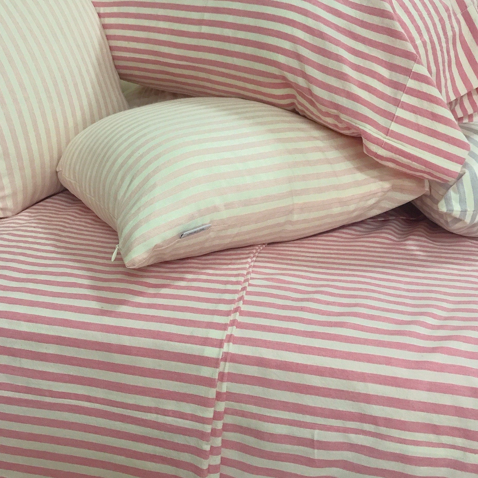 Modern Vintage Faded Hot Pink Striped Pattern Washed Cotton Ivory Background Duvet Cover Twin Queen Full King CalKing