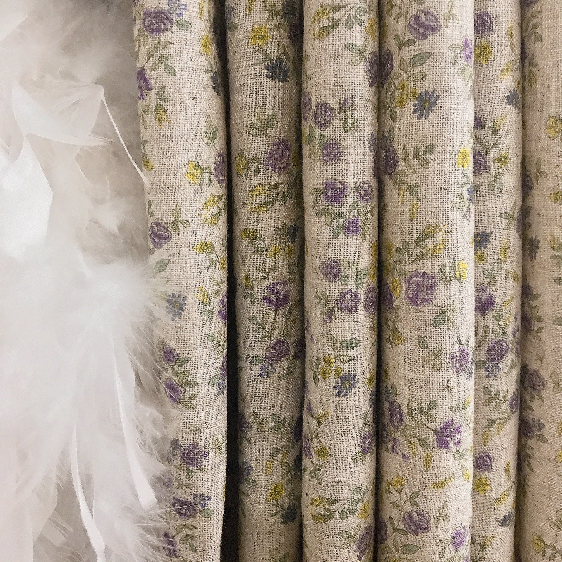 Purple and Lemon Floral Curtain on Natural Beige