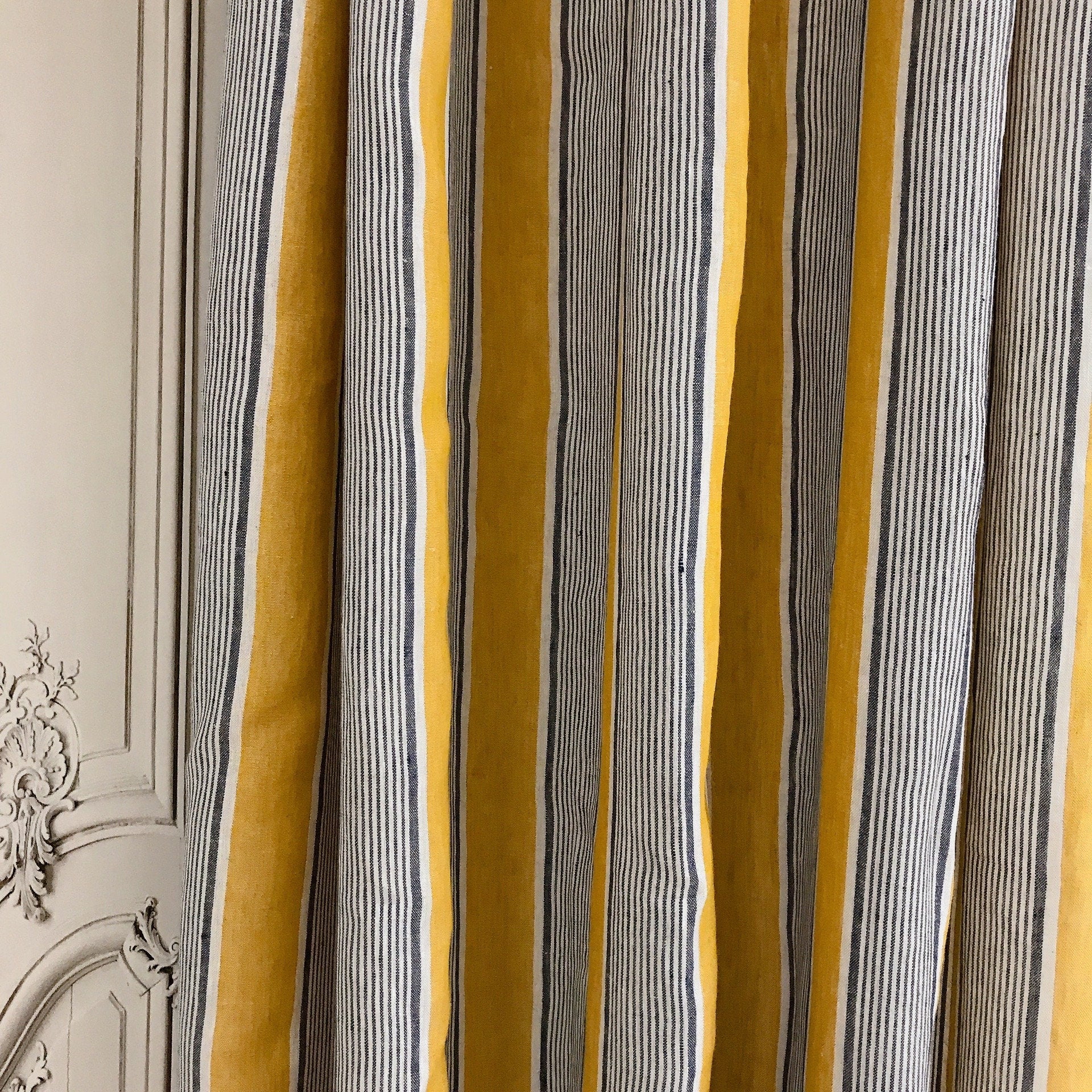 Indigo Blue Stripe Linen Curtain on Golden Mustard