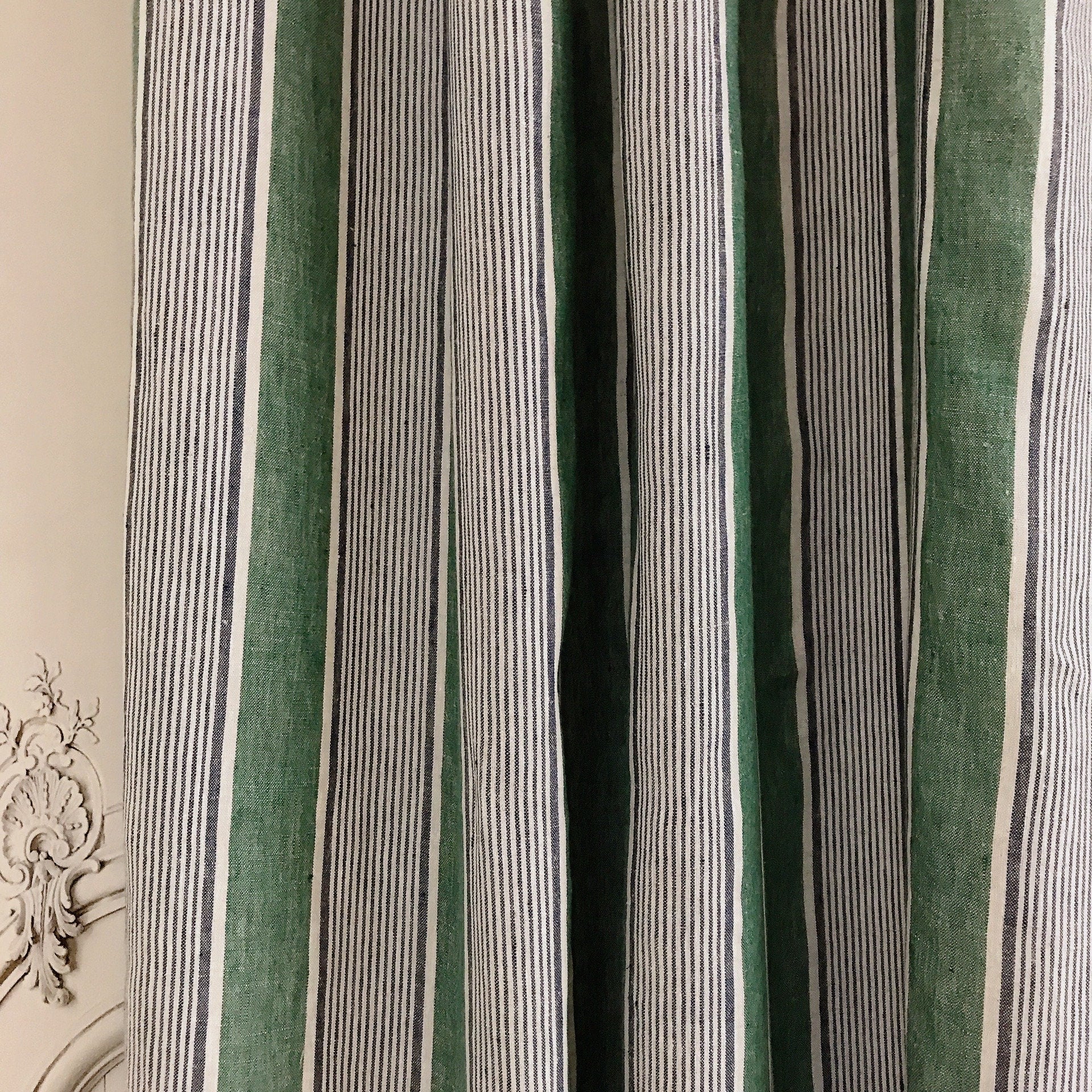 Indigo Blue Vertical Stripe Curtain on Faded Deep Green