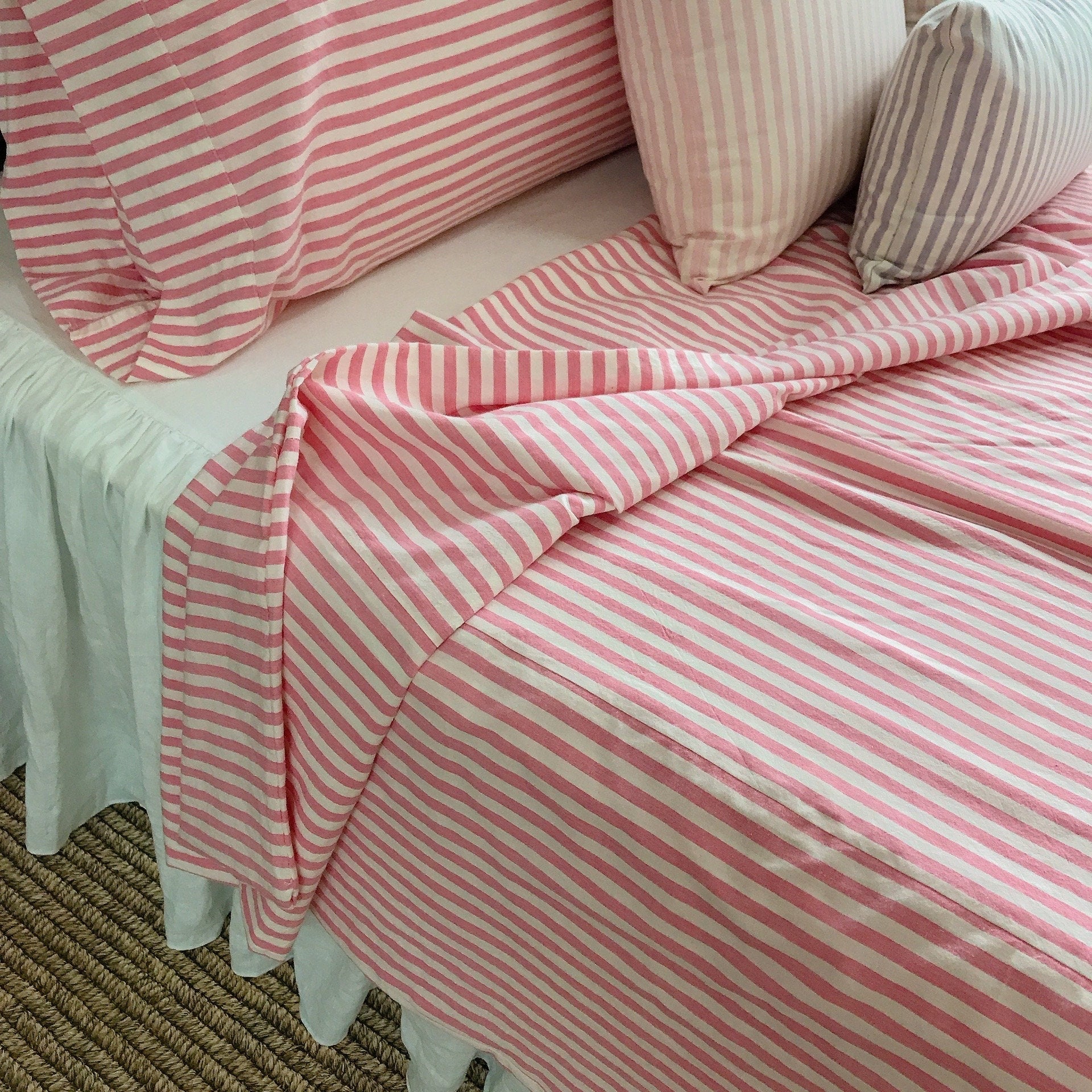 Modern Vintage Faded Hot Pink Striped Pattern Washed Cotton Ivory Background Duvet Cover Twin Queen Full King CalKing