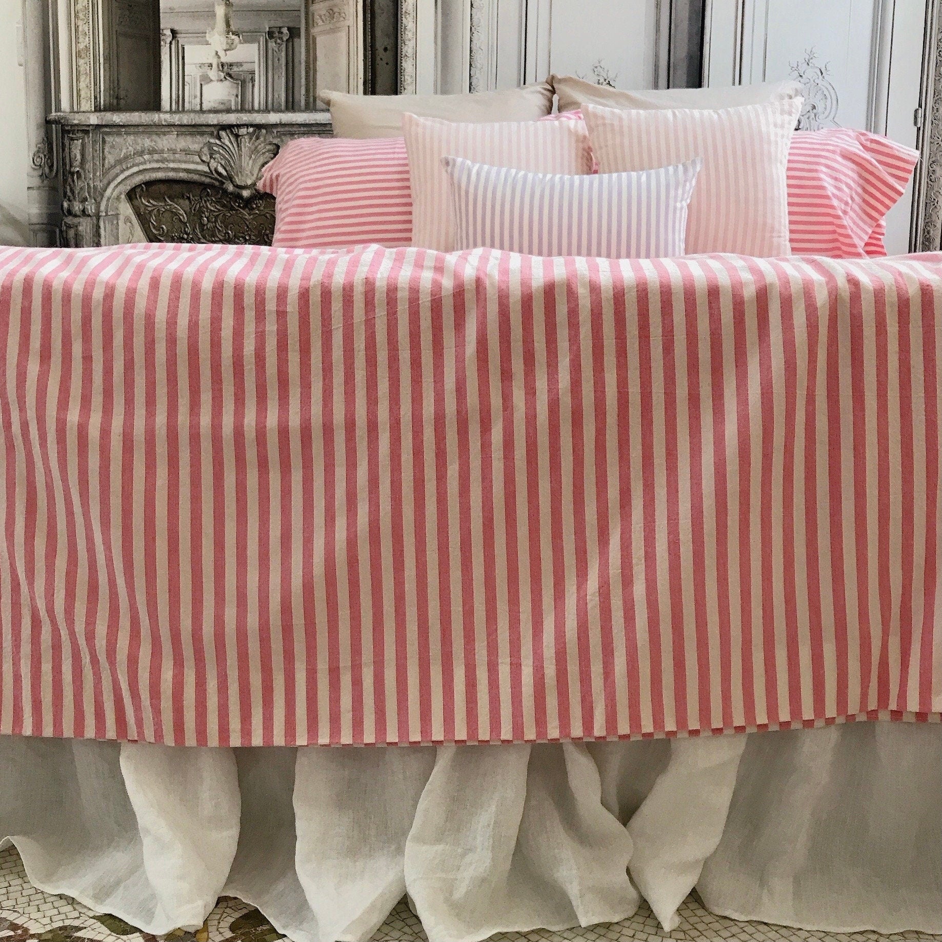 Modern Vintage Faded Hot Pink Striped Pattern Washed Cotton Ivory Background Duvet Cover Twin Queen Full King CalKing