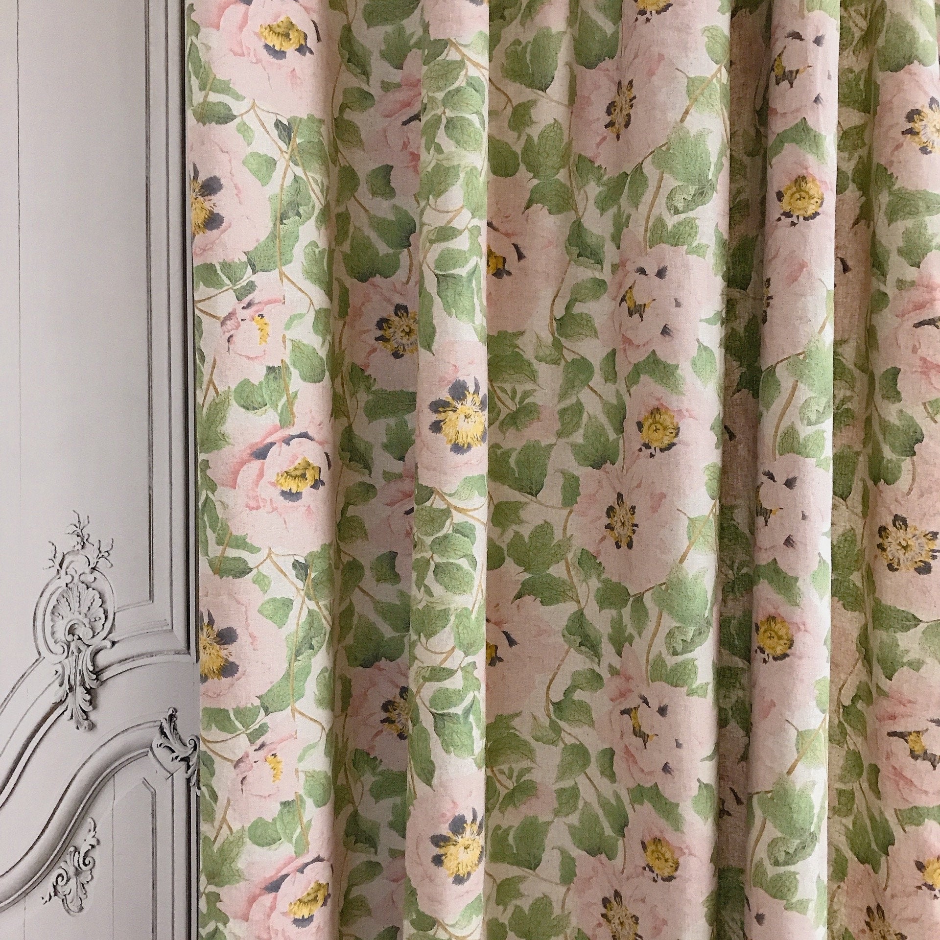 Pale Pink Peony Curtain on Natural Beige