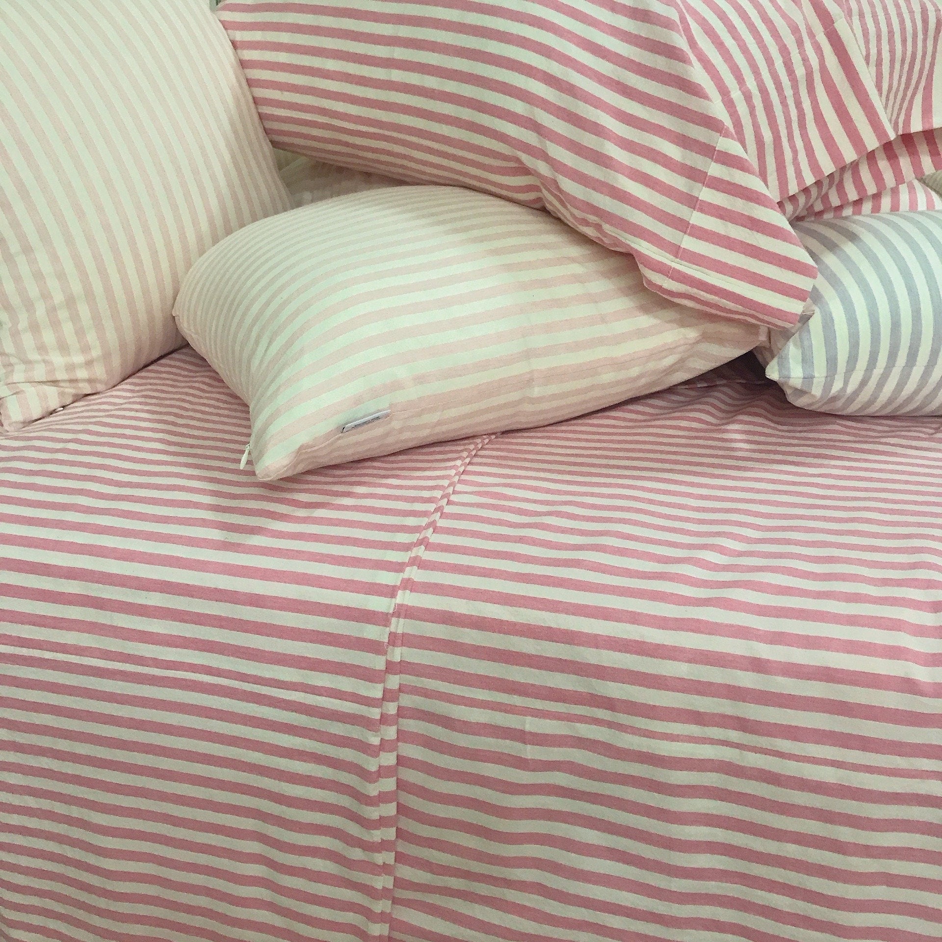 Modern Vintage Faded Hot Pink Striped Pattern Washed Cotton Ivory Background Duvet Cover Twin Queen Full King CalKing