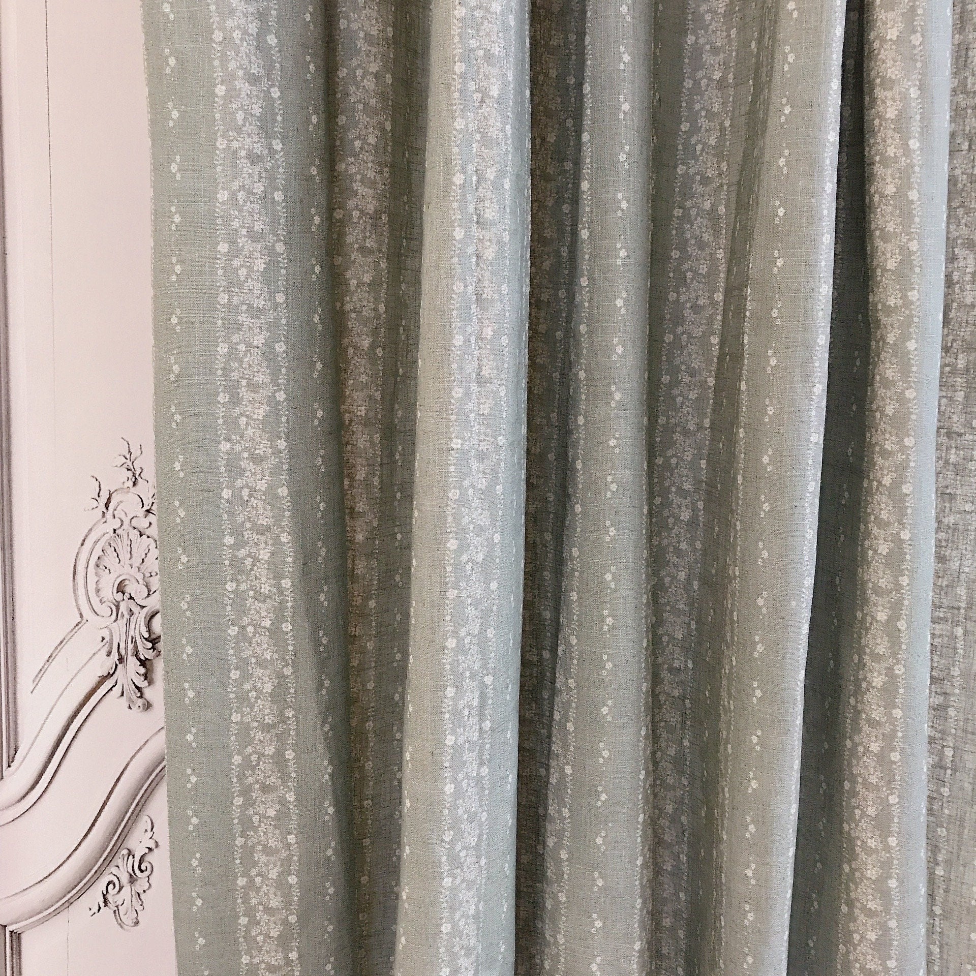 Natural Beige Vertical Floral Curtain on Dark Mint