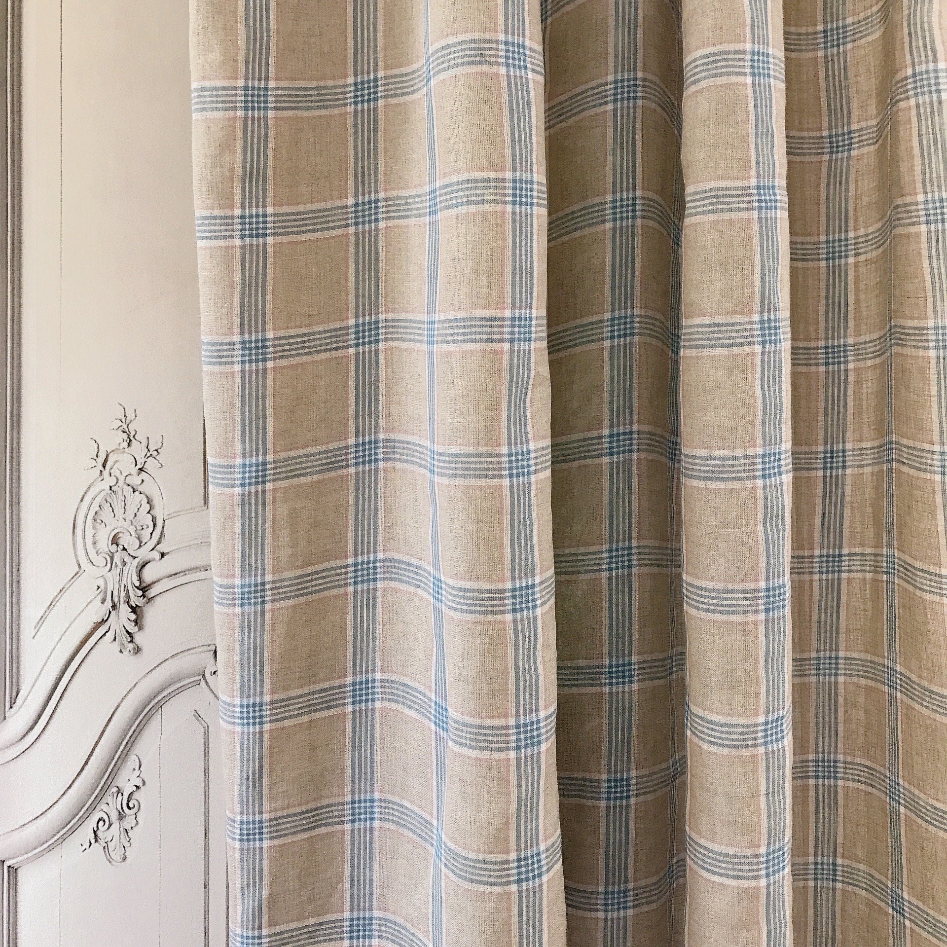 Blue Pink and White Plaid Linen Curtain on Light Grey