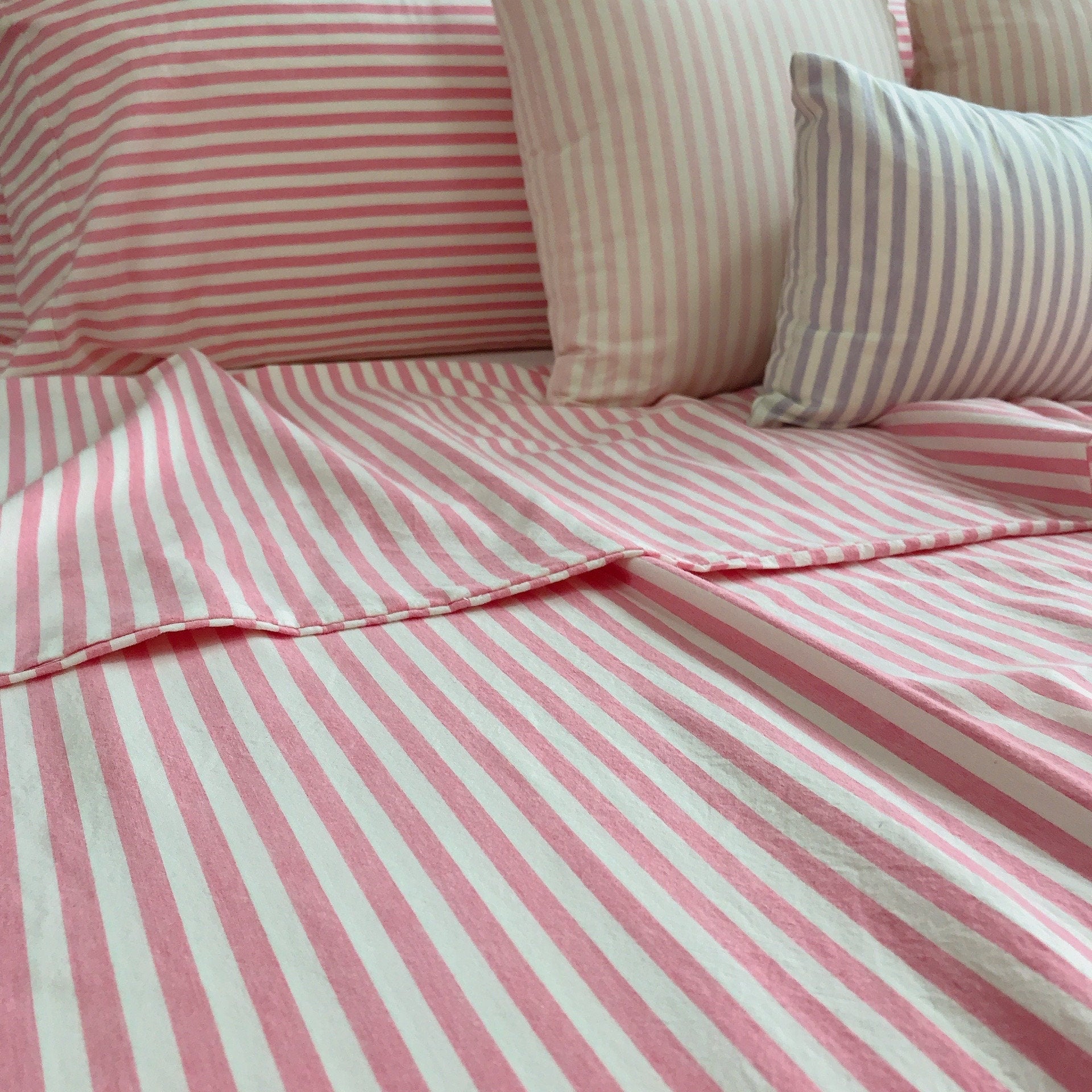 Modern Vintage Faded Hot Pink Striped Pattern Washed Cotton Ivory Background Duvet Cover Twin Queen Full King CalKing