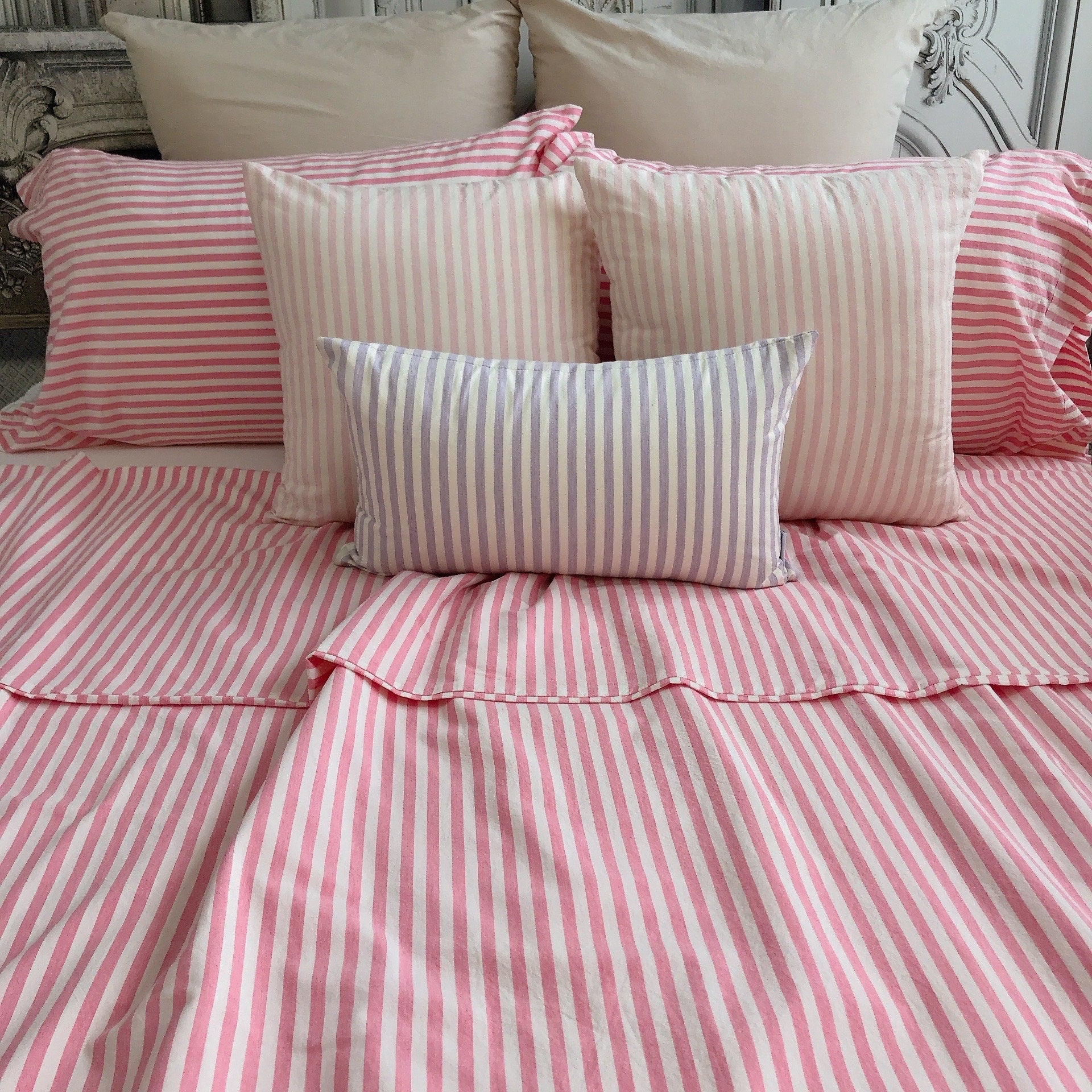 Modern Vintage Faded Hot Pink Striped Pattern Washed Cotton Ivory Background Duvet Cover Twin Queen Full King CalKing