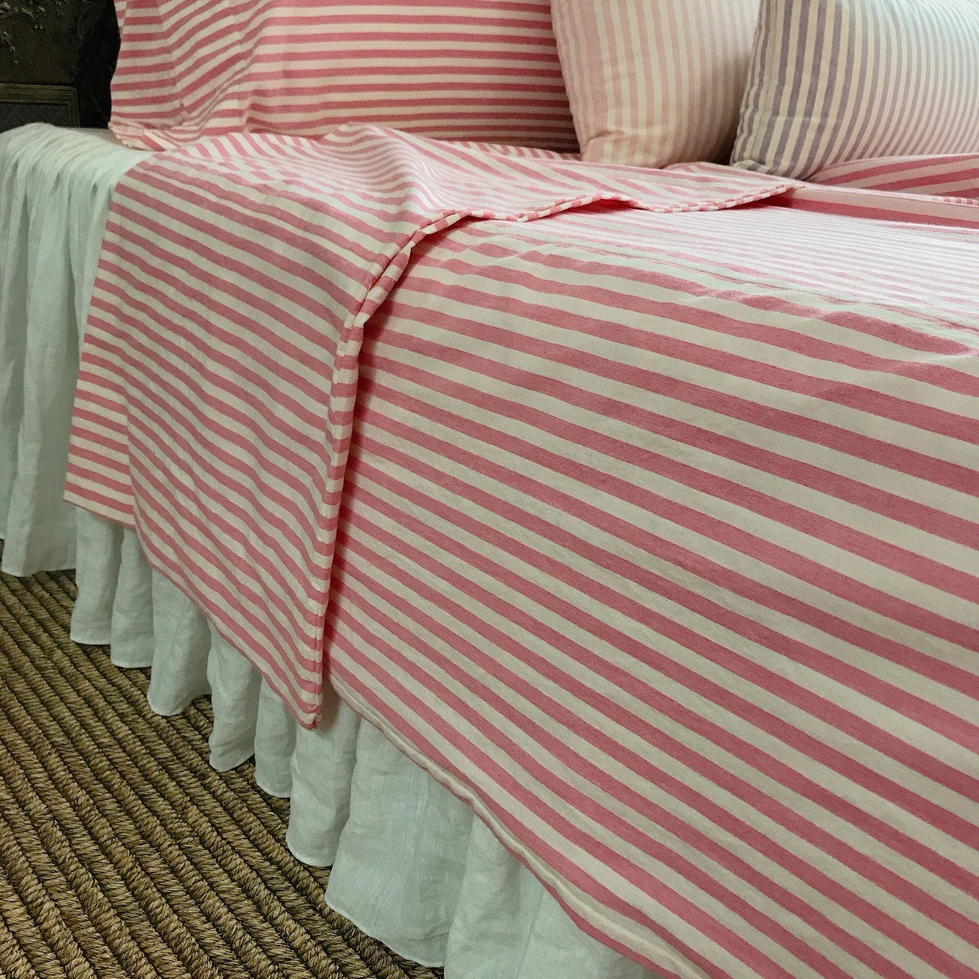 Modern Vintage Faded Hot Pink Striped Pattern Washed Cotton Ivory Background Duvet Cover Twin Queen Full King CalKing