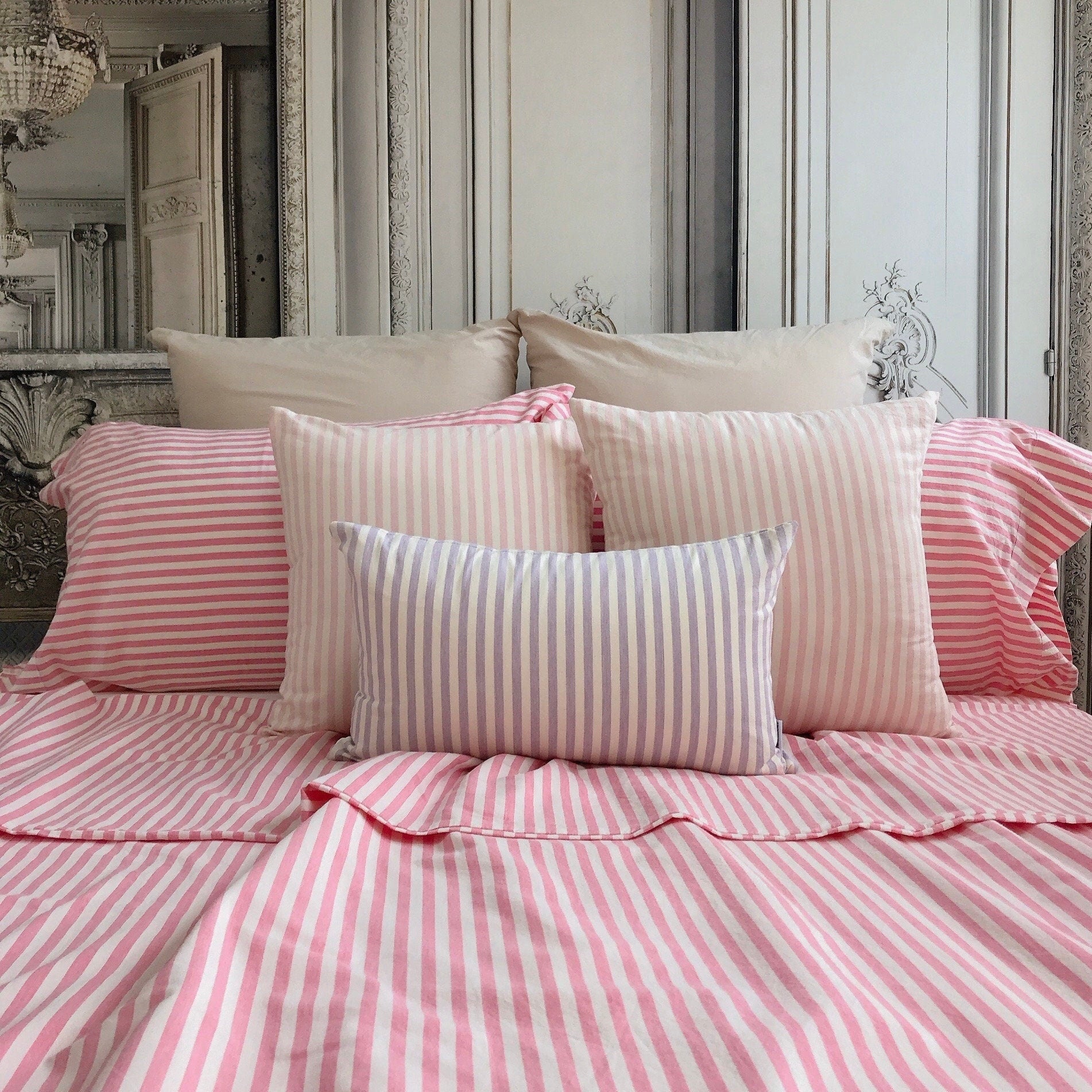 Modern Vintage Faded Hot Pink Striped Pattern Washed Cotton Ivory Background Duvet Cover Twin Queen Full King CalKing