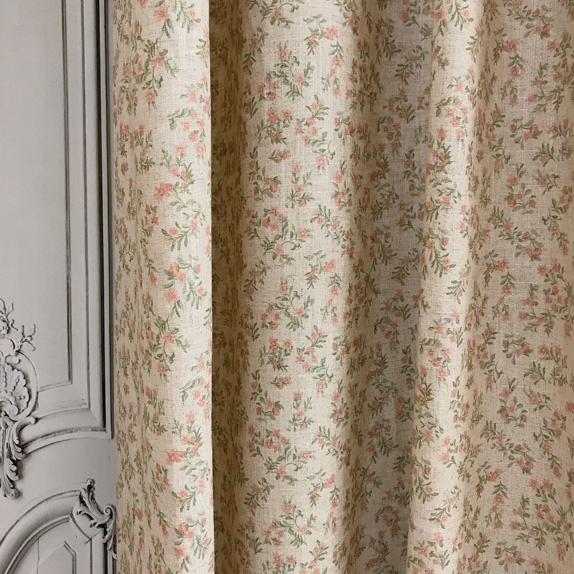 Pale Red and Pink Floral Curtain on Natural Beige
