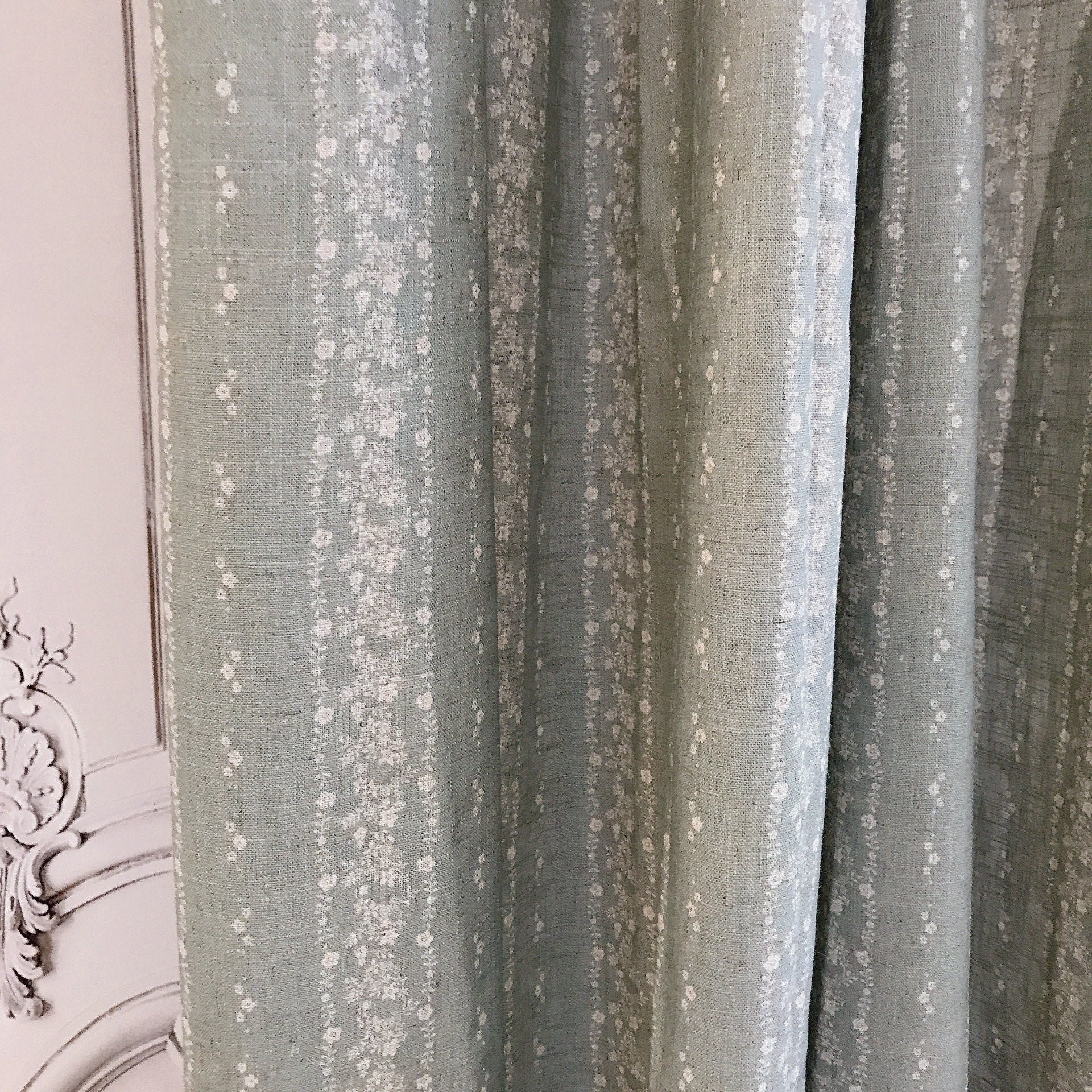 Natural Beige Vertical Floral Curtain on Dark Mint