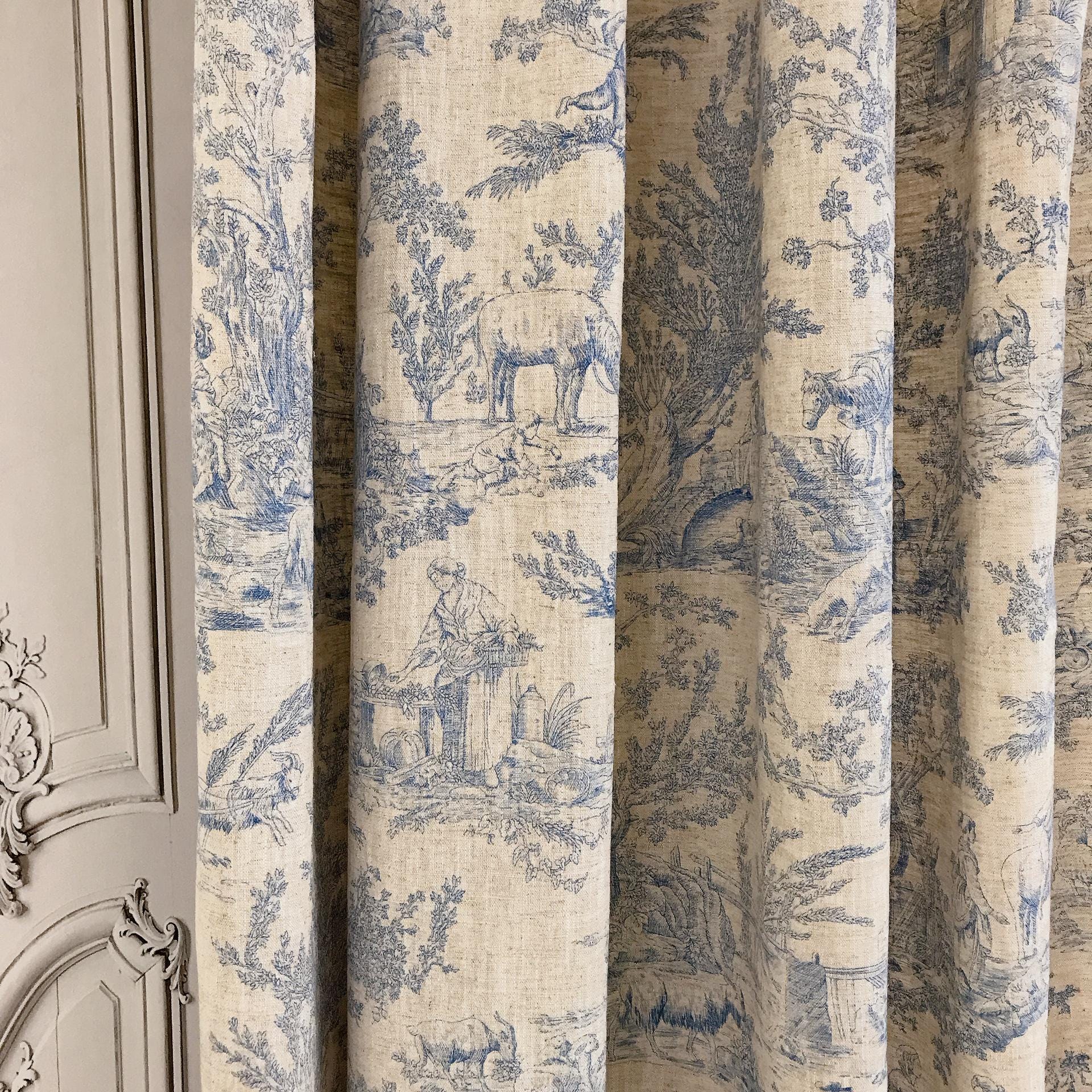 Blue Toile Curtain on Natural Beige