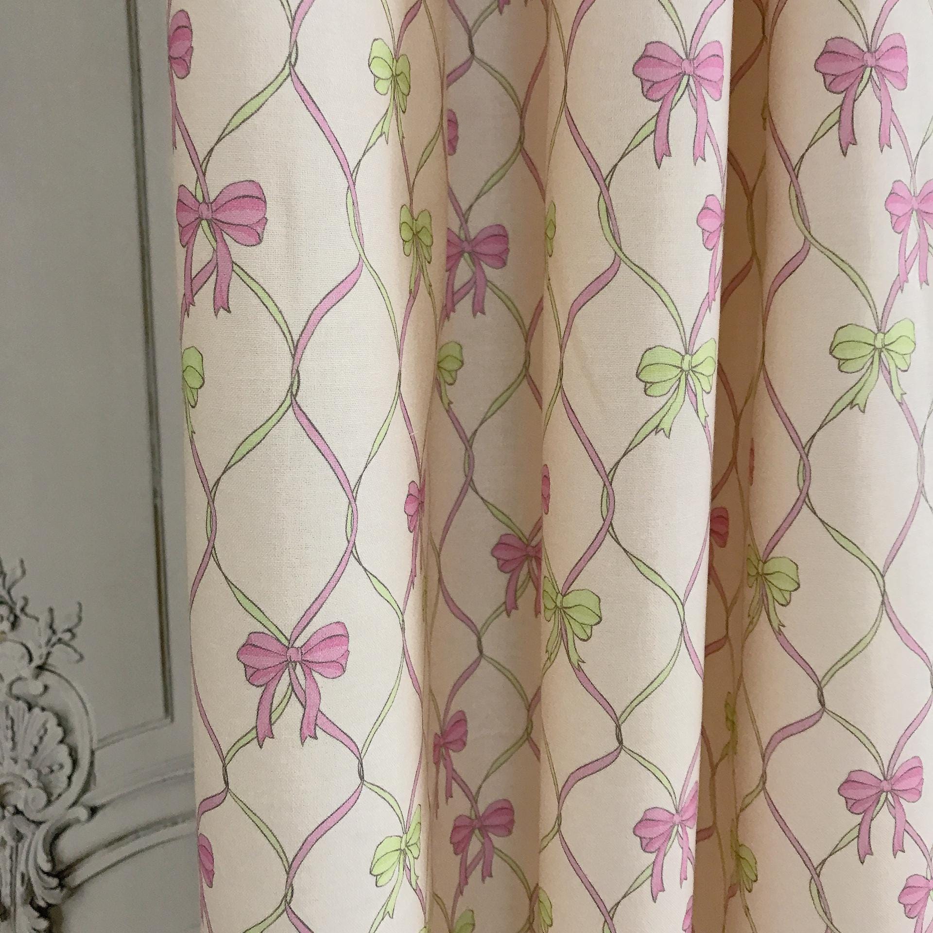 Pink Neon Green Vertical Vine Ribbons Curtain on Natural Beige