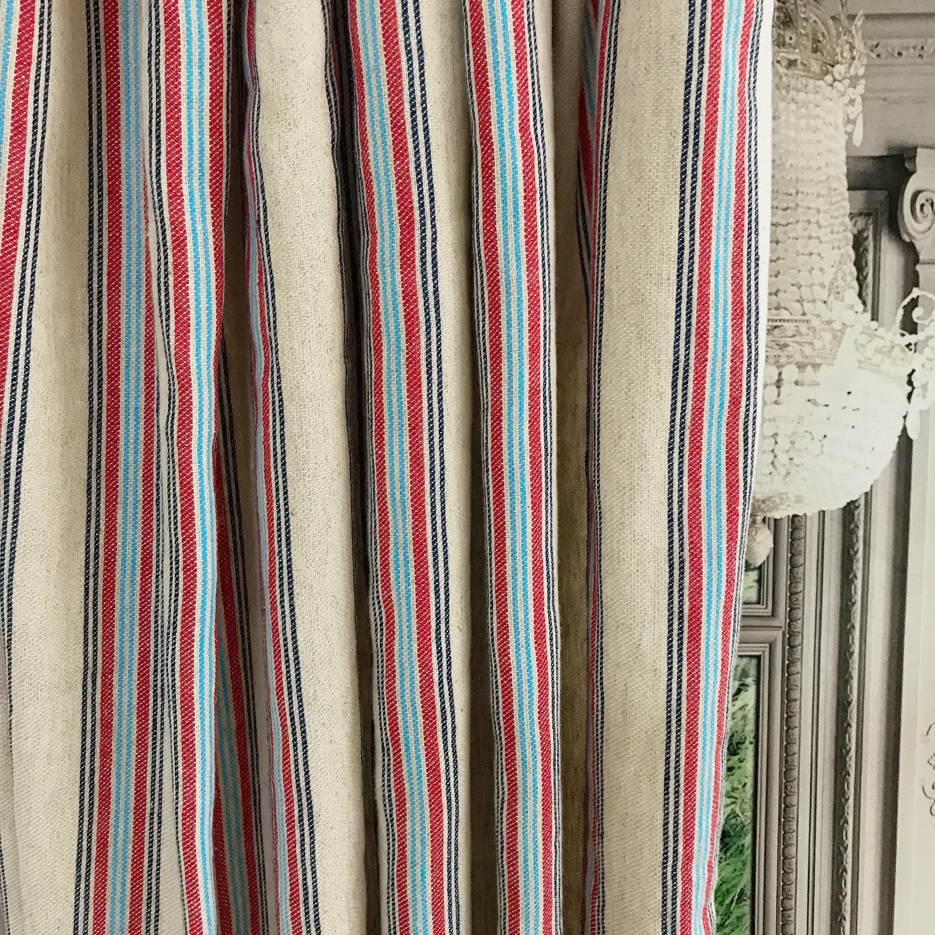 Indigo Red and Light Blue Vertical Stripe Curtain on Natural Beige