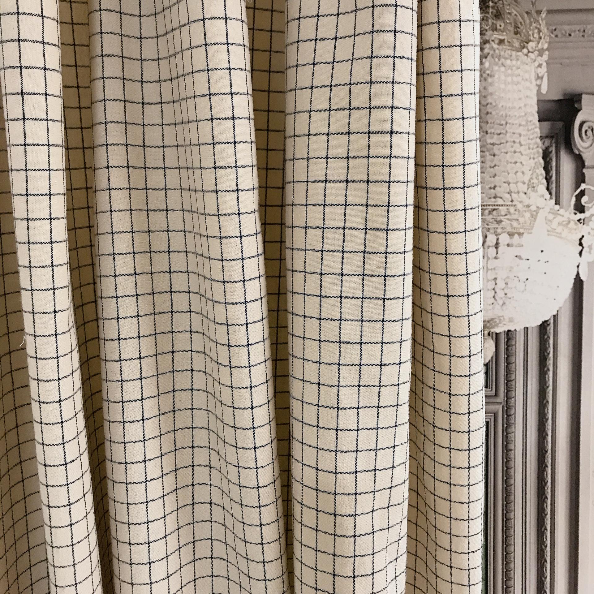 Navy Grid Check Curtain on Natural Beige