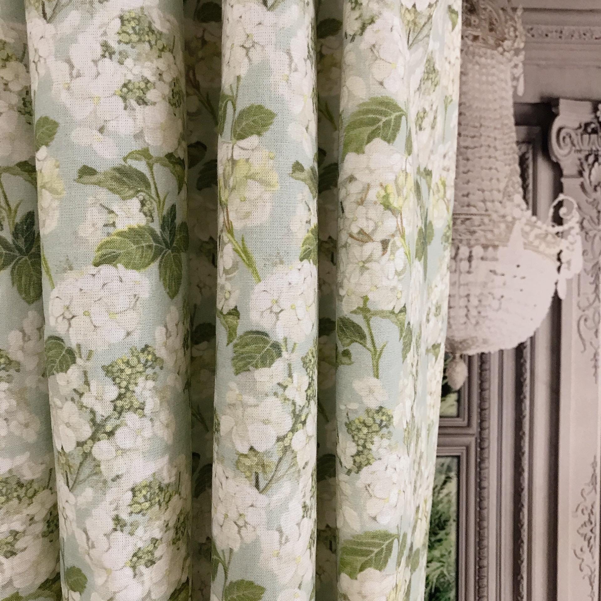 Light Grey Hydrangea Curtain on Soft Aqua