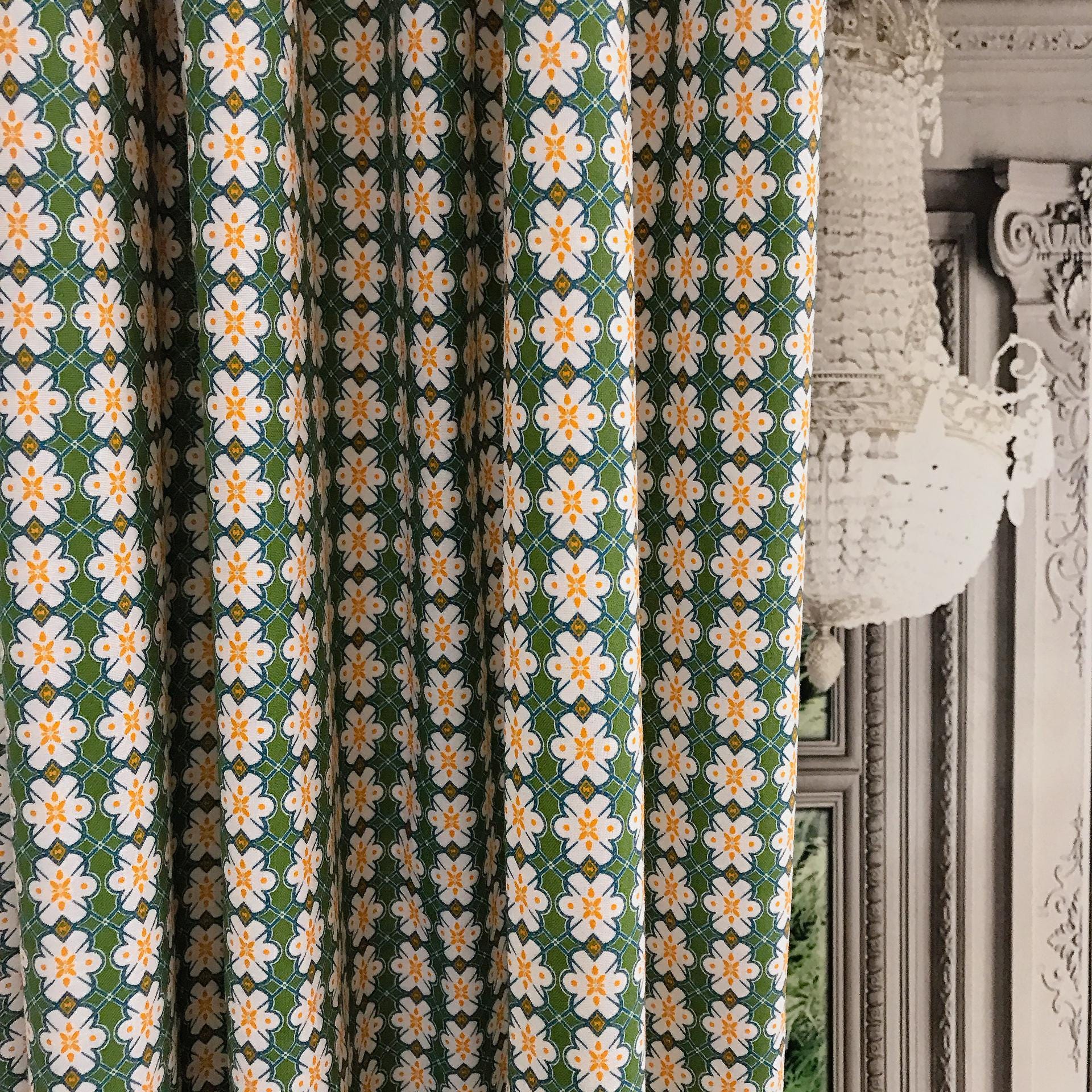 Orange Ivory Floral Curtain on Deep Green