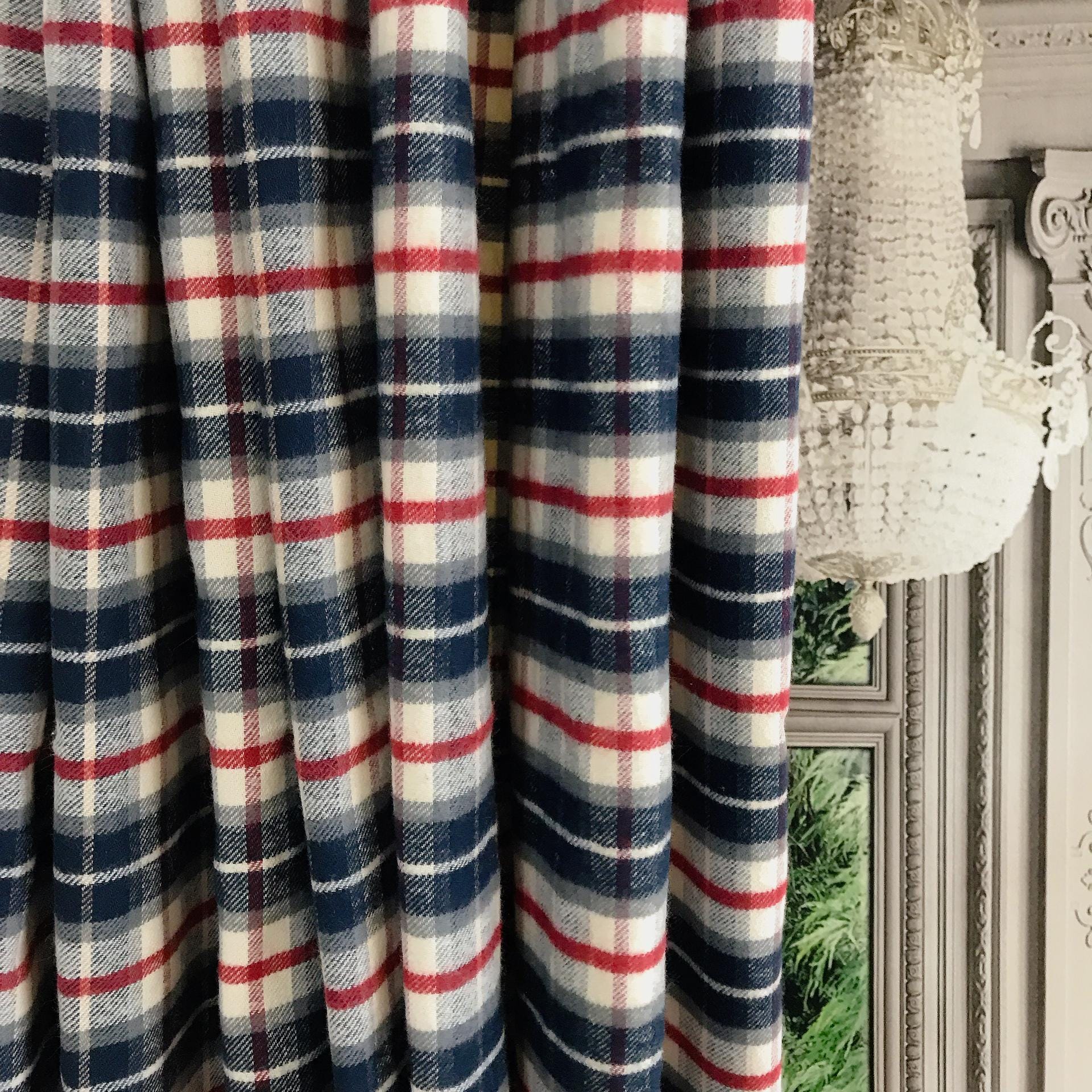 Deep Indigo Blue and Burgundy Plaid Curtain on Ivory
