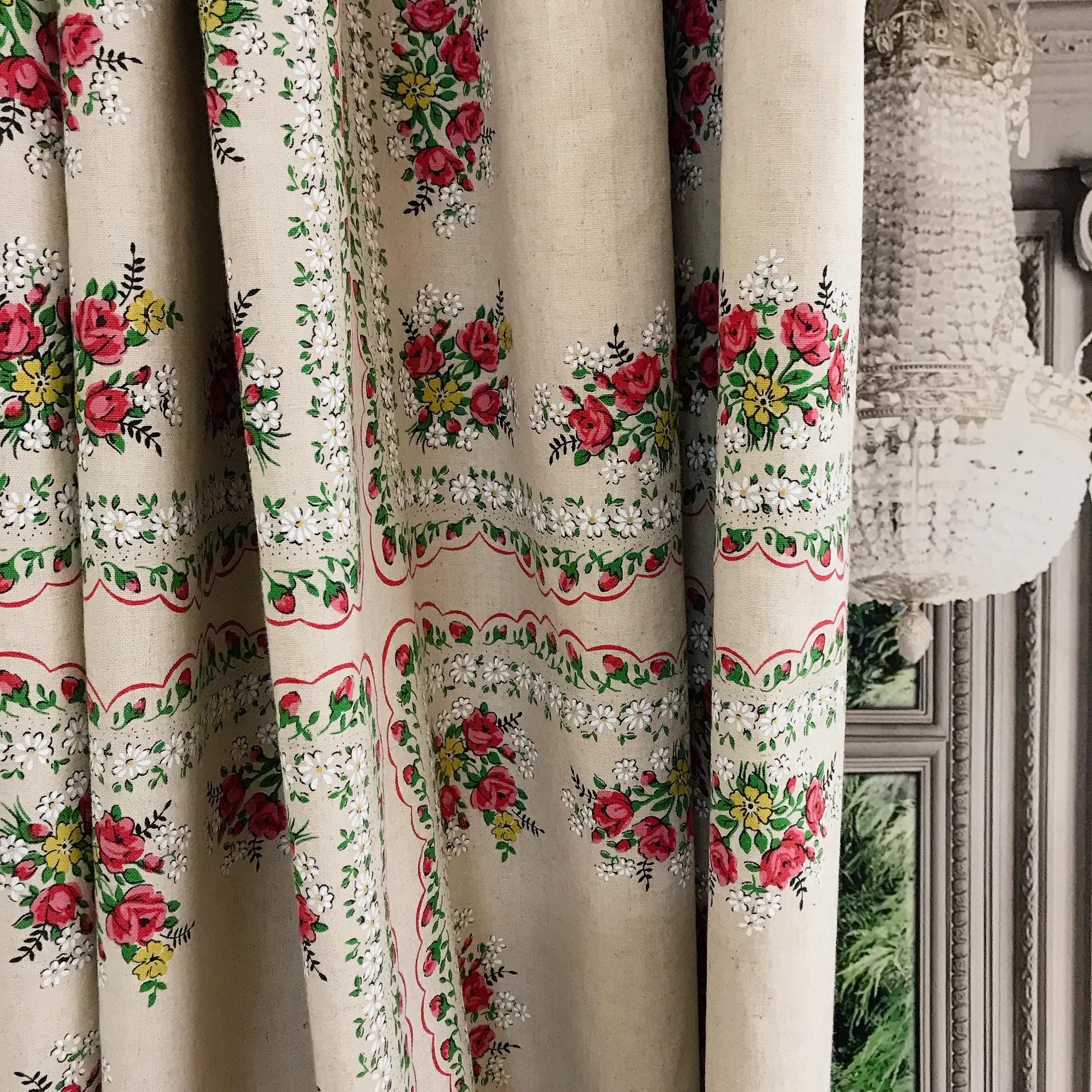 Floral Block Curtain in Red and Natural Beige Tones
