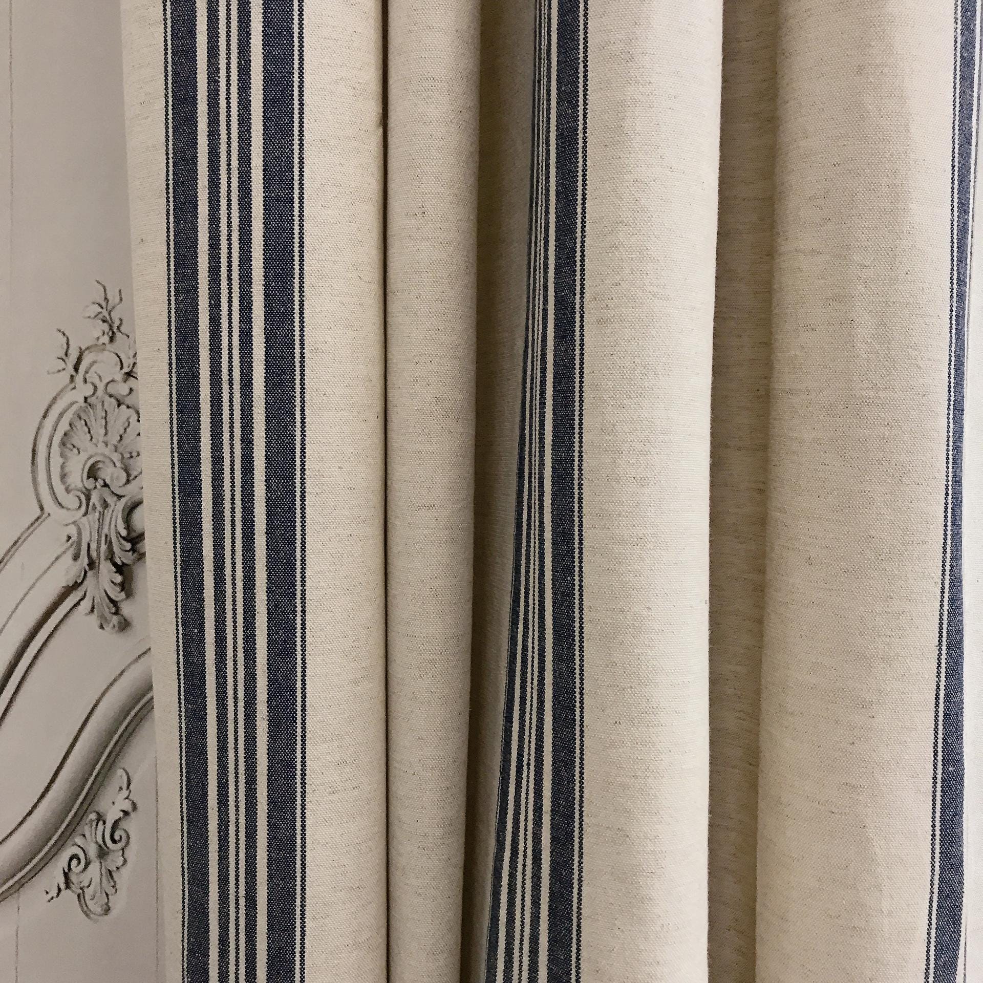 Indigo Blue Stripe Curtain on Natural Beige