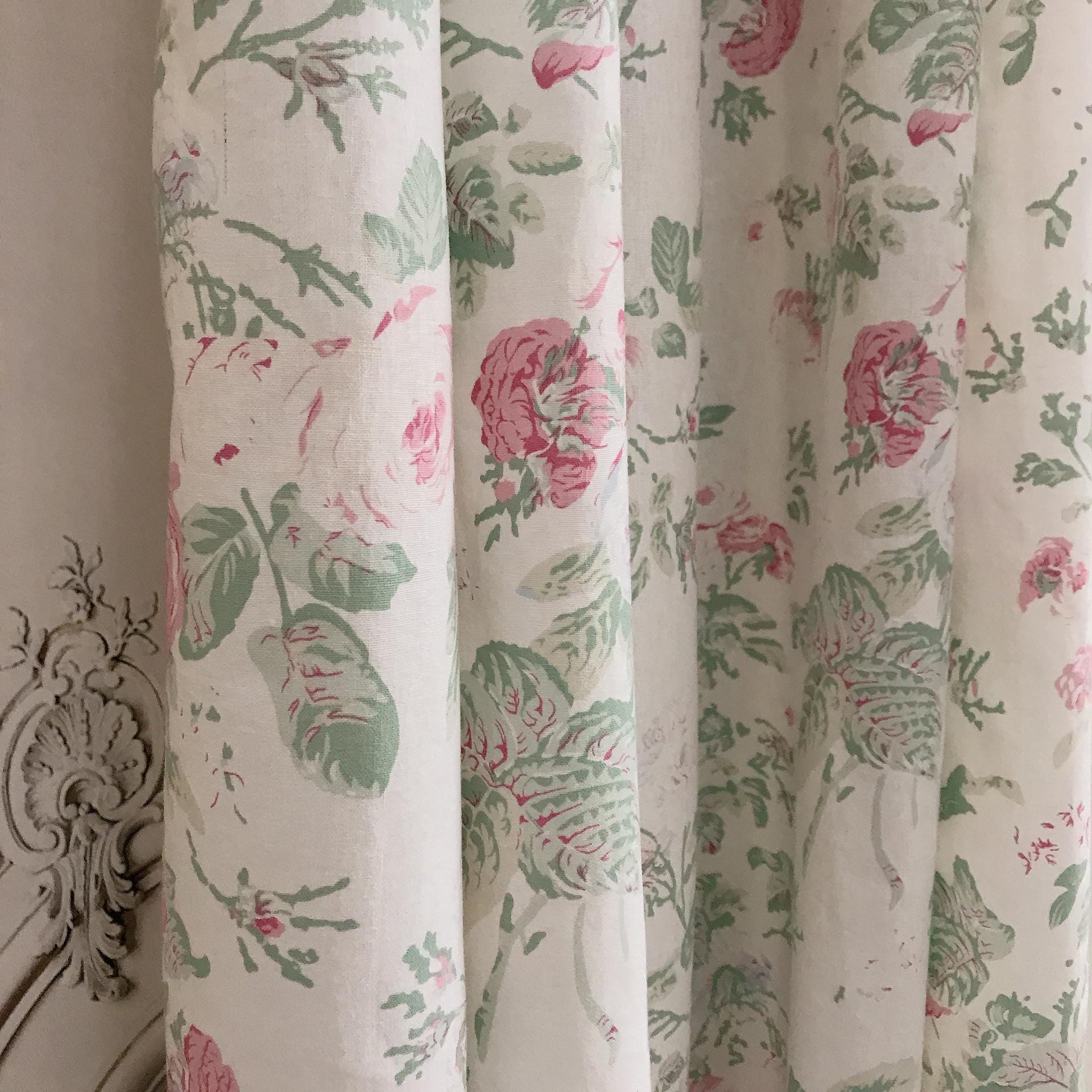 Pink and Grey Blue Teal Leaf Floral Curtain on Ivory