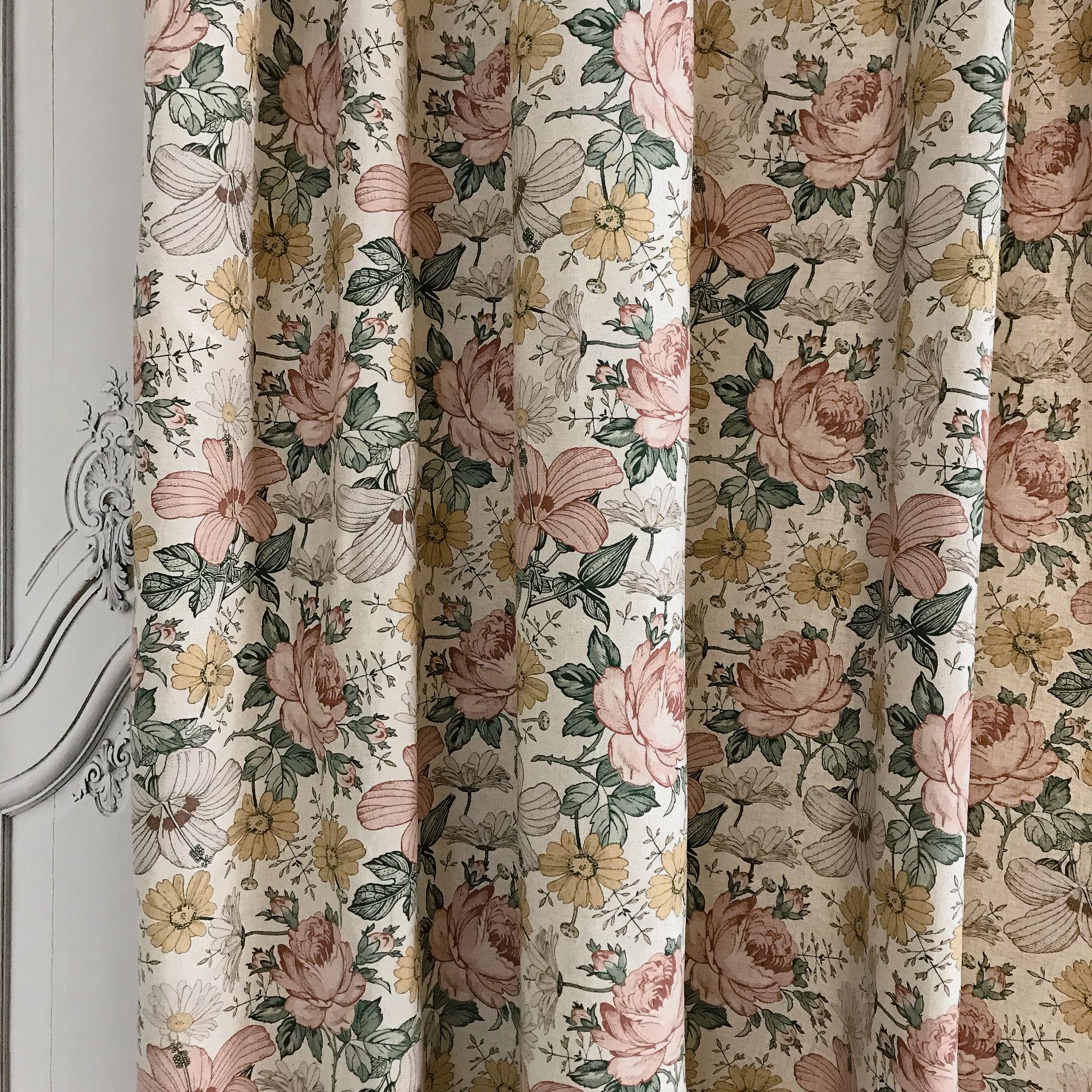 Muted Soft Pink Floral Curtain on Oatmeal Beige