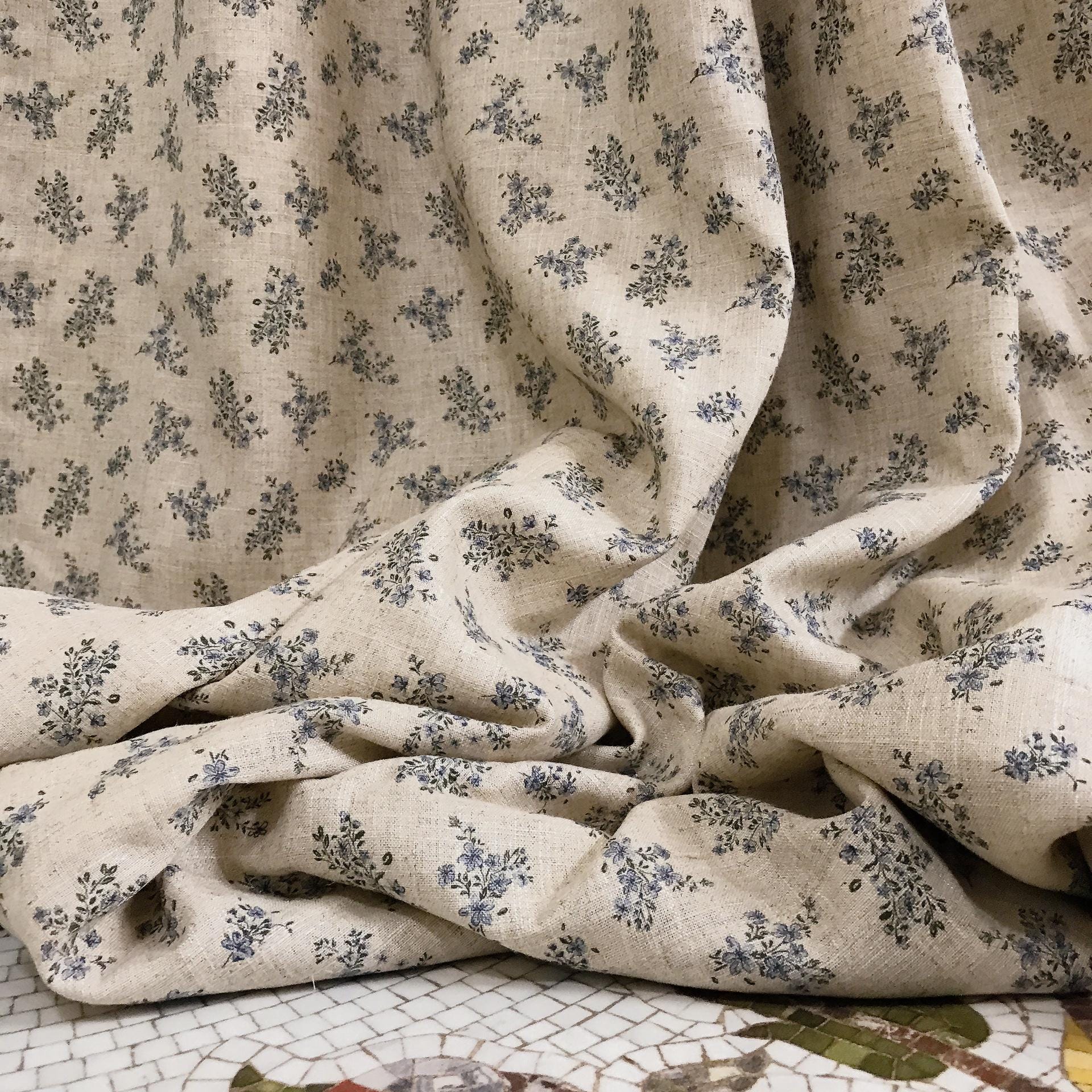 Blue and Deep Green Tiny Floral Curtain on Natural Beige
