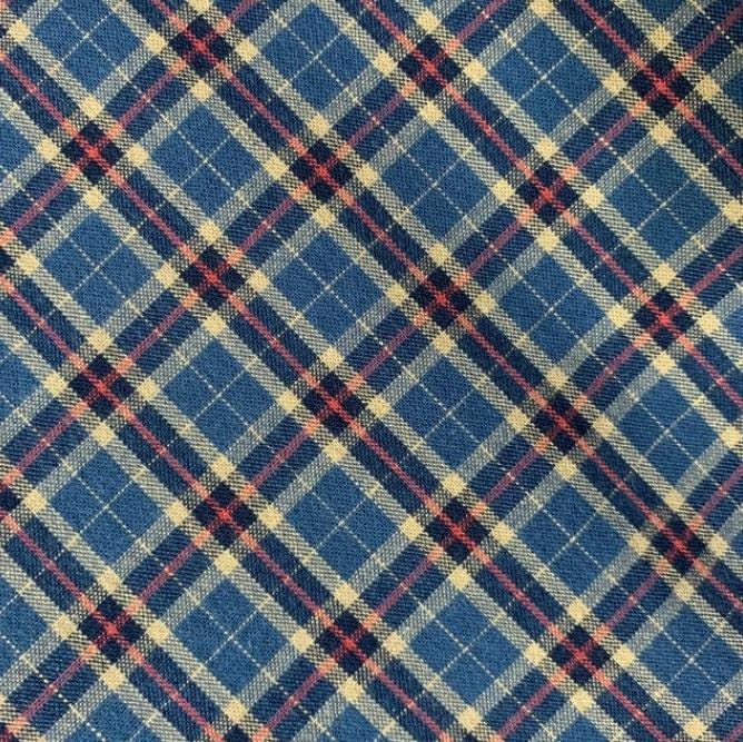 Dusty Red and Cream Plaid Curtain on Indigo Blue