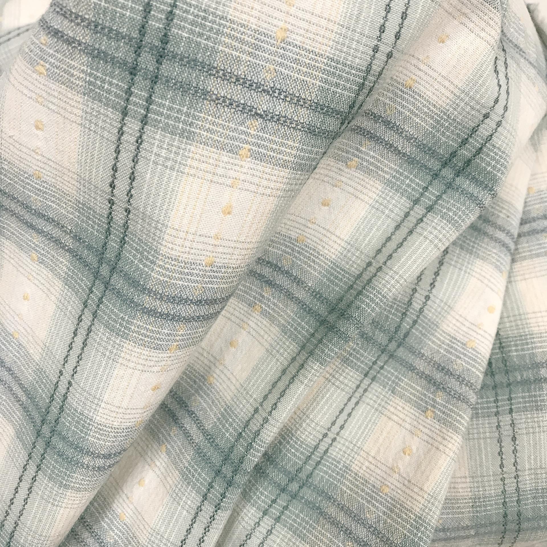 Minty Jade Plaid Curtain with Buttercup Embroidery on Ivory