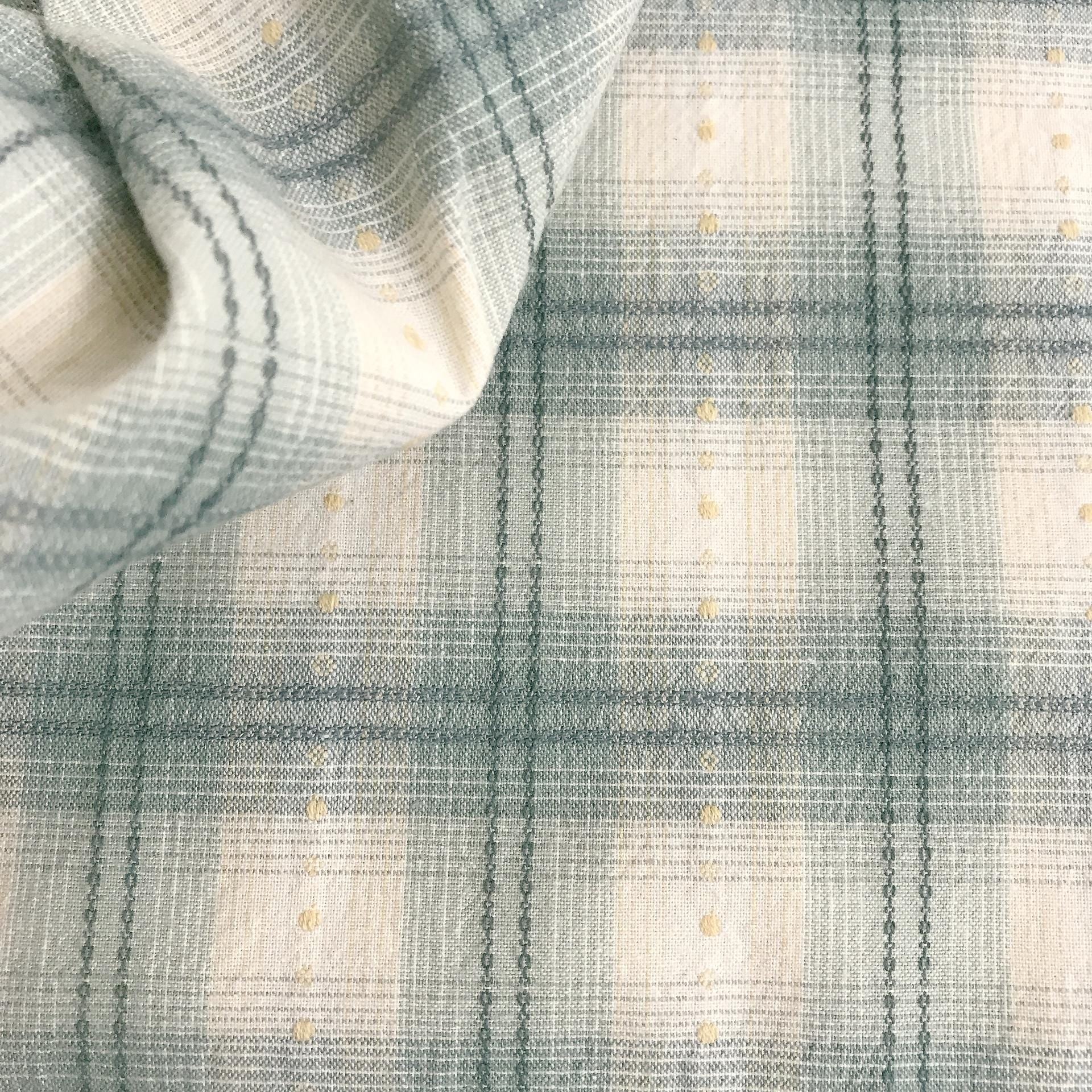 Minty Jade Plaid Curtain with Buttercup Embroidery on Ivory
