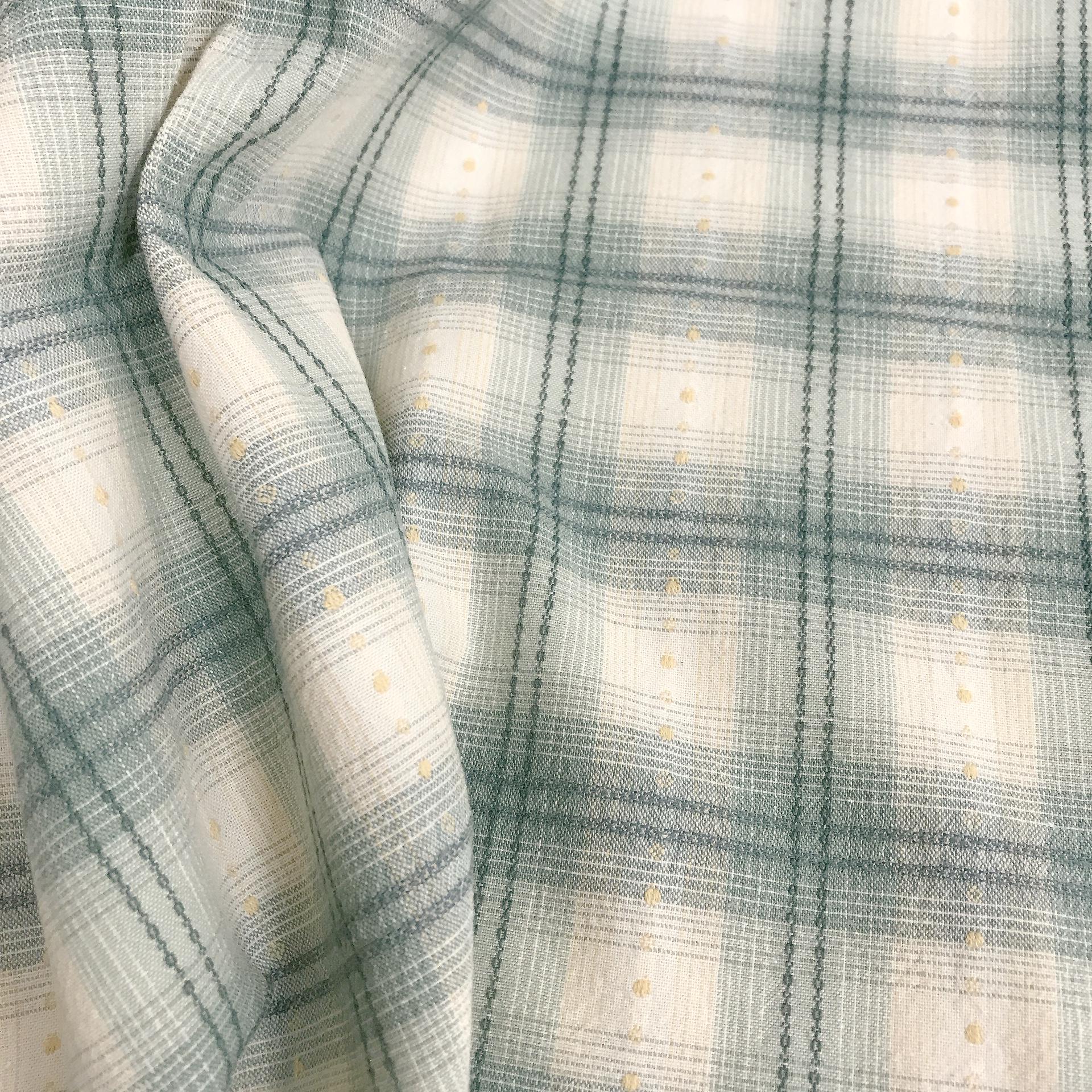 Minty Jade Plaid Curtain with Buttercup Embroidery on Ivory