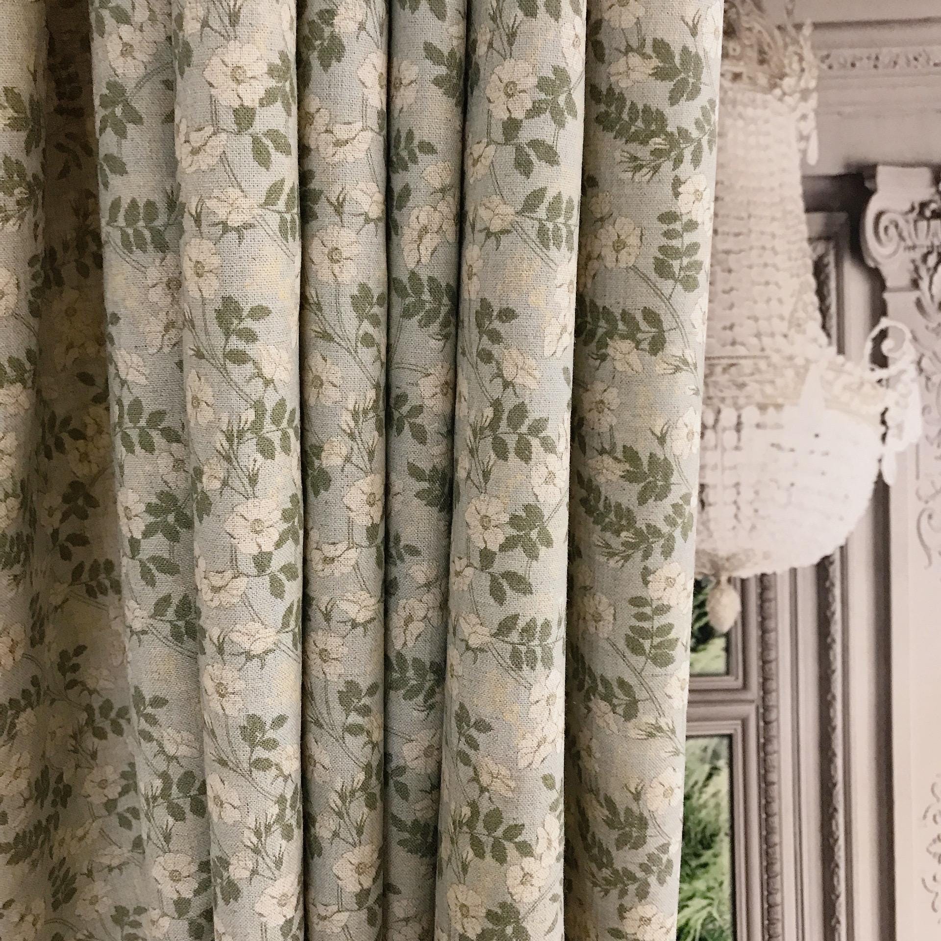 Ivory and Sage Green Floral Curtain on Muted Mint