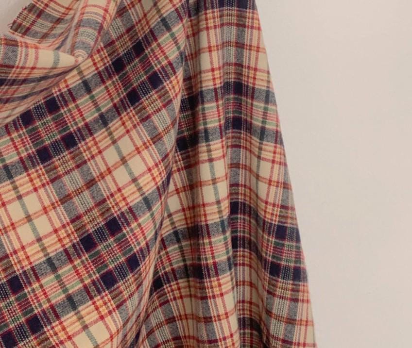 Navy Green and Rust Red Plaid Curtain on Ivory
