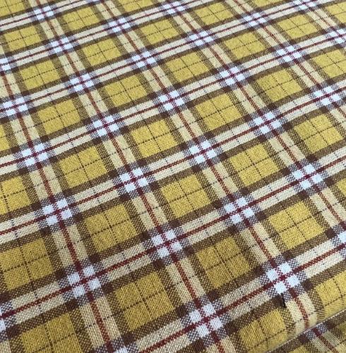 Brown and Burgundy Plaid Curtain on Light Mustard