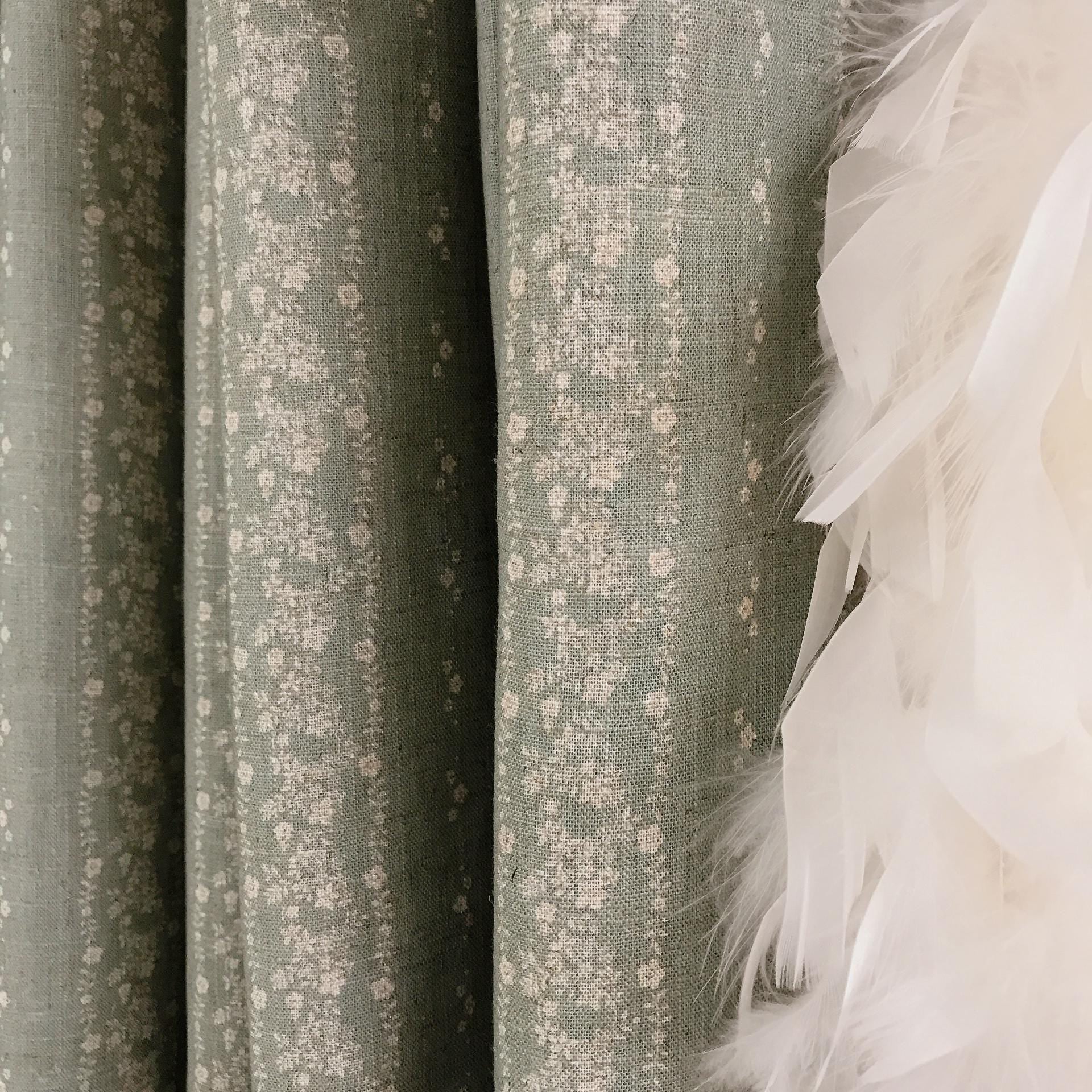 Natural Beige Vertical Floral Curtain on Dark Mint