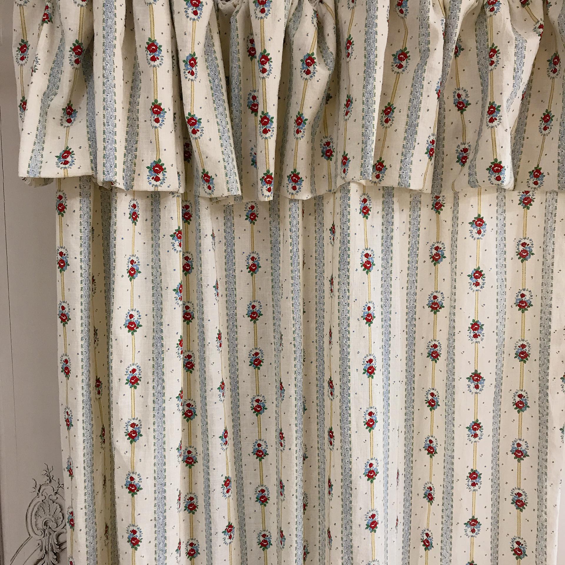 Red Floral and Yellow Vertical Stripe Curtain on Natural Beige