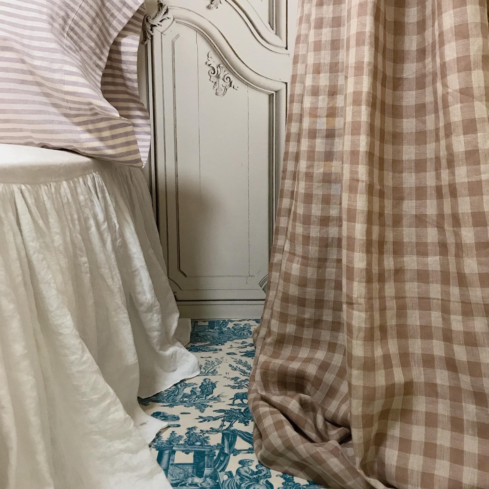 Pale Red Bean Brown and Natural Beige Gingham Linen Curtain