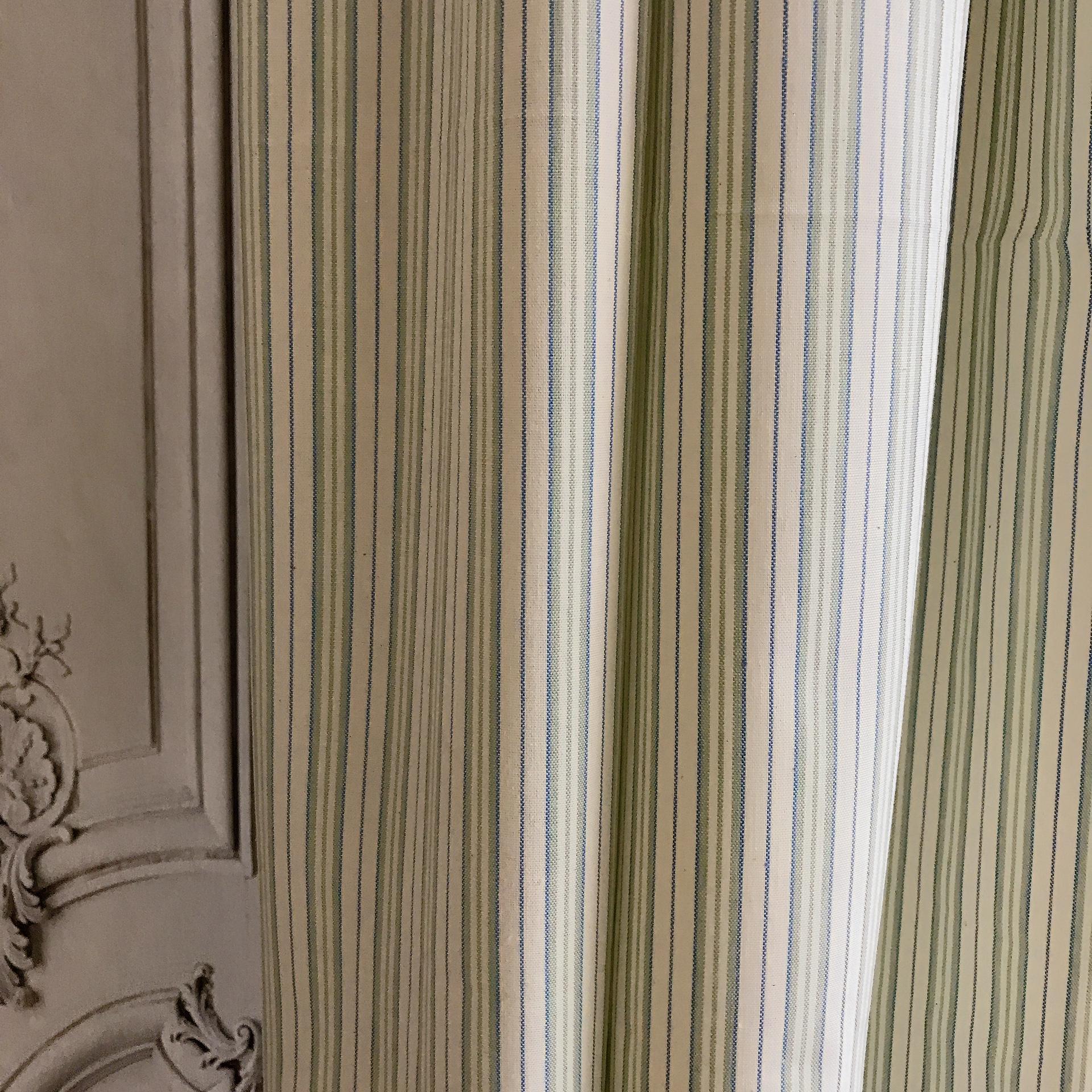 Sage Green Blue Stripe Curtain on Natural Beige