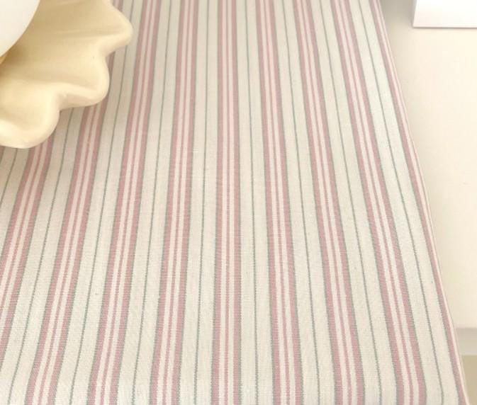 Pink Olive Green Stripe Curtain on Natural Beige