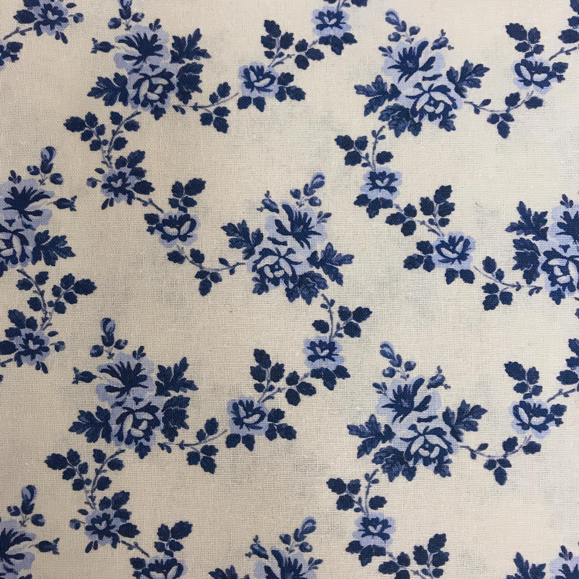 Indigo Blue Floral Linen Curtain on Natural Beige